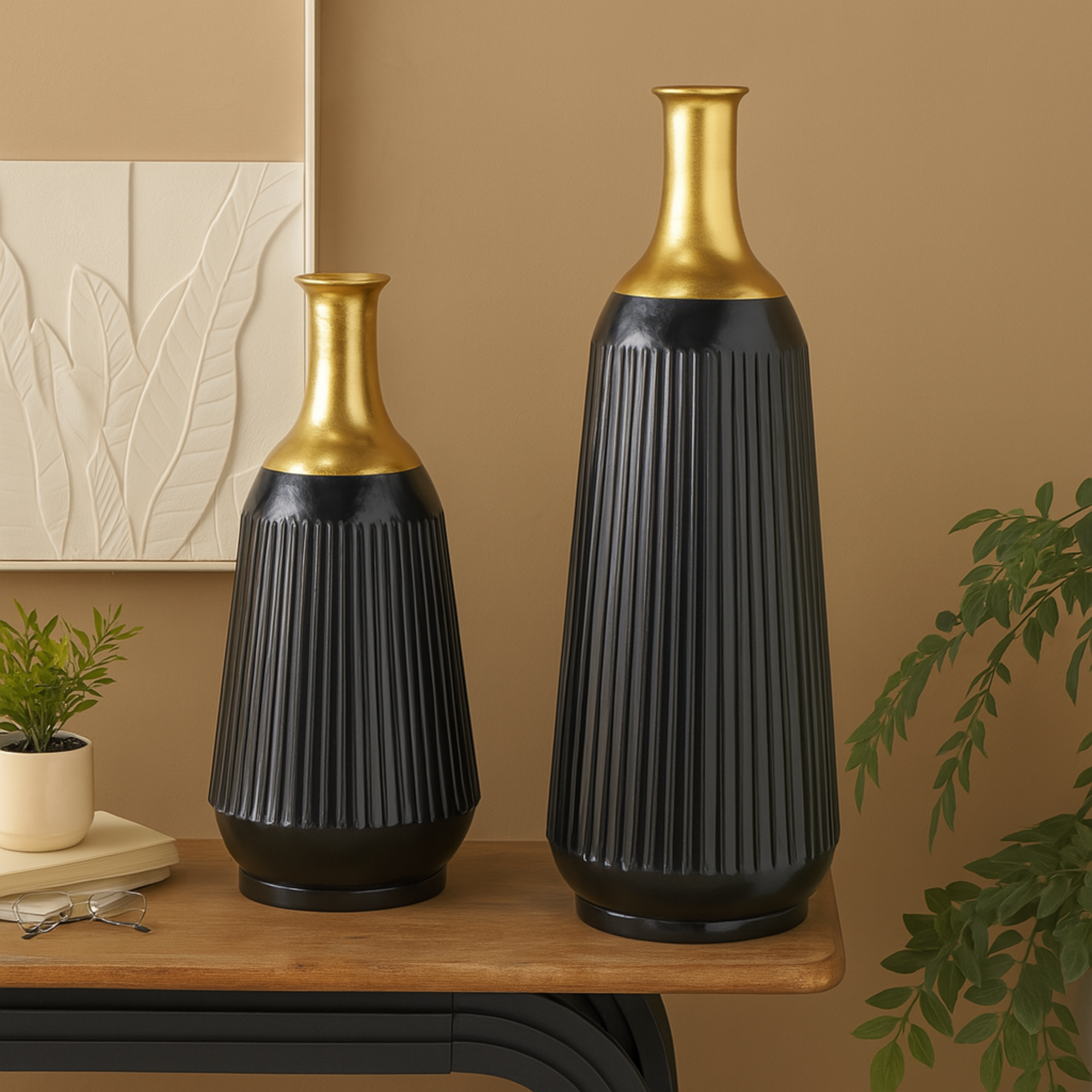Set of 2 Black Metal Tall Ribbed Decorative Vase with Gold Tops