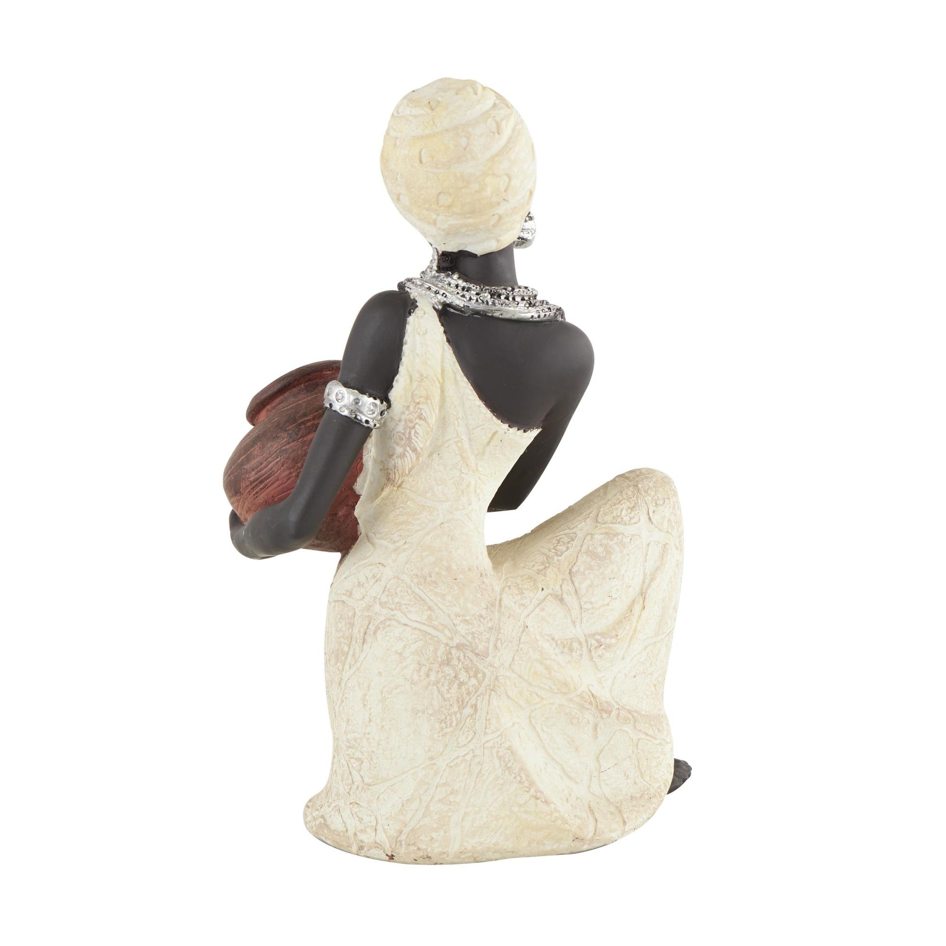 Woman Cream Polystone Sitting African Decorative Sculpture with Red Water Pot
