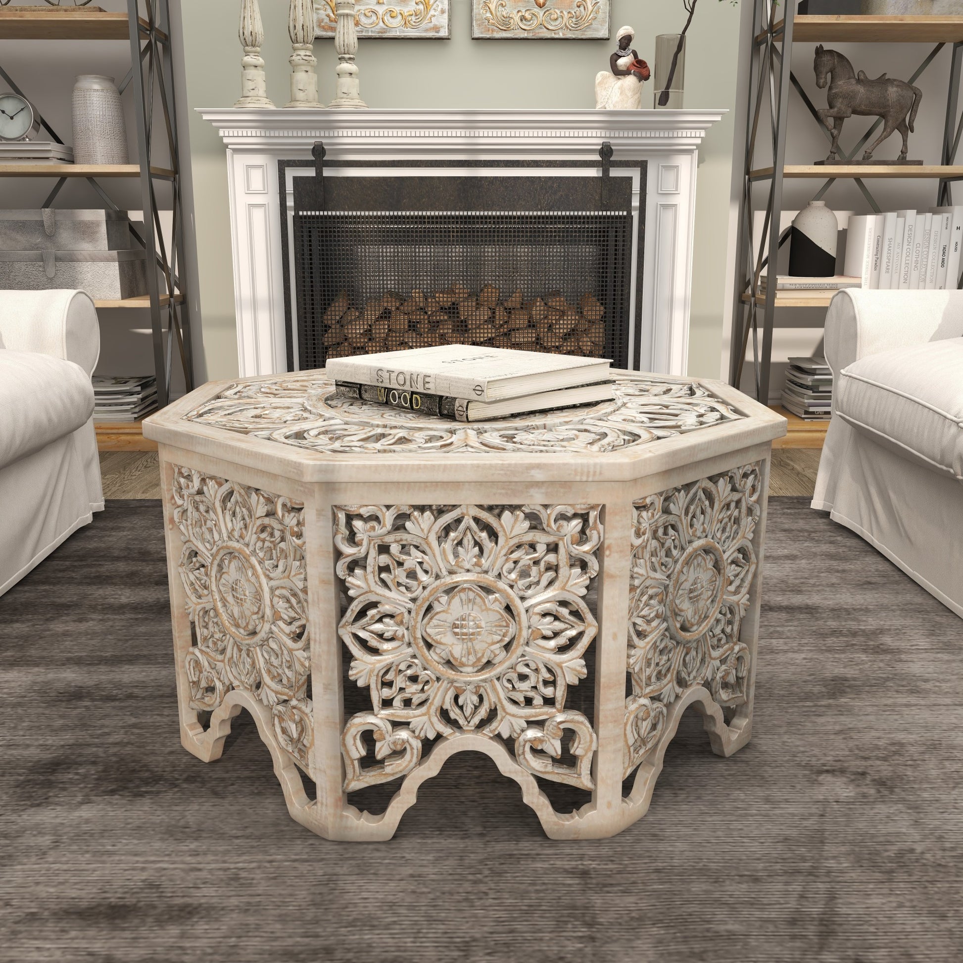 Floral Light Gray Wooden Handmade Intricately Carved Living Room Coffee Table with Hollow Interior