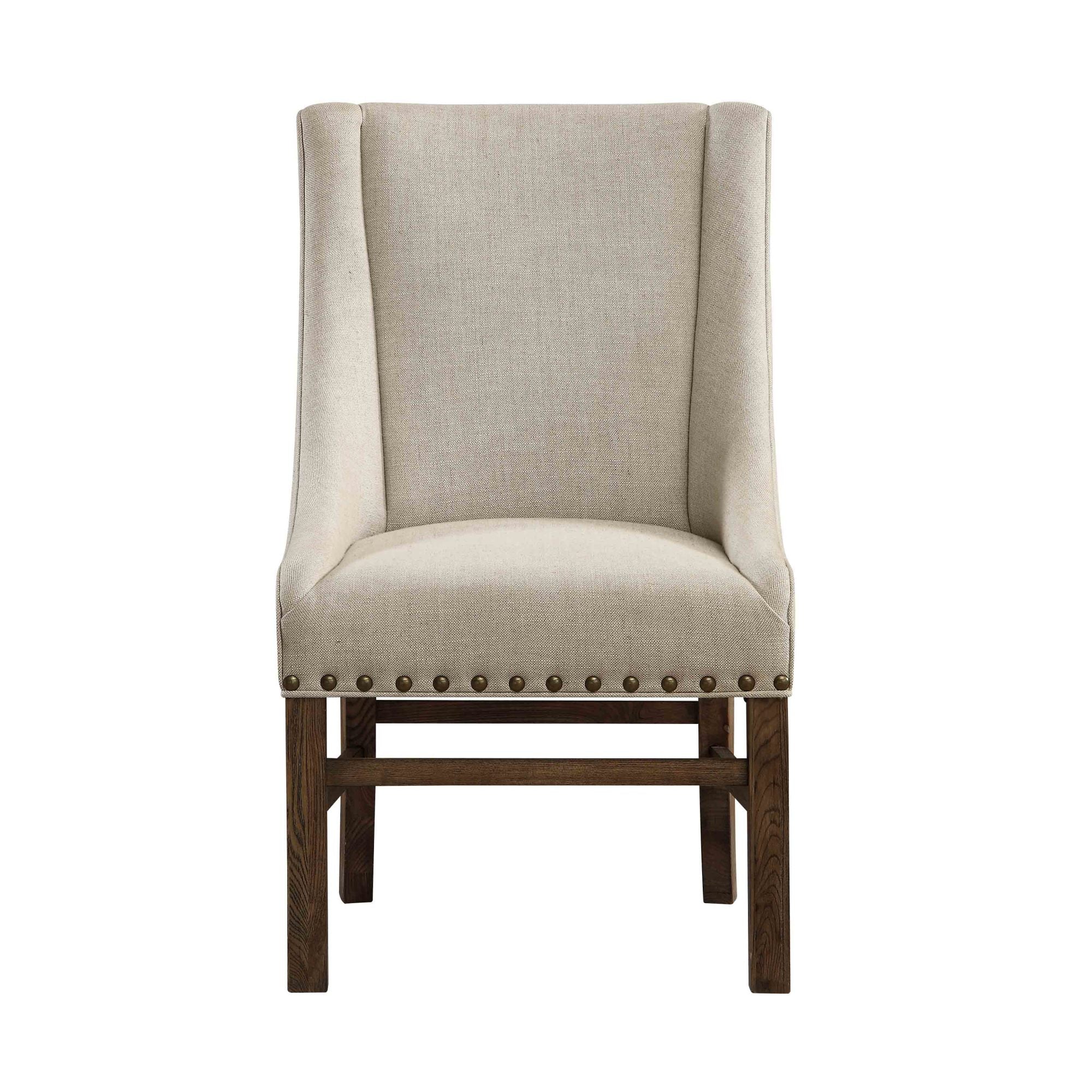 Beige Fabric Curved Living Room Accent Chair with Brown Wooden Legs and Bronze Studded Detailing