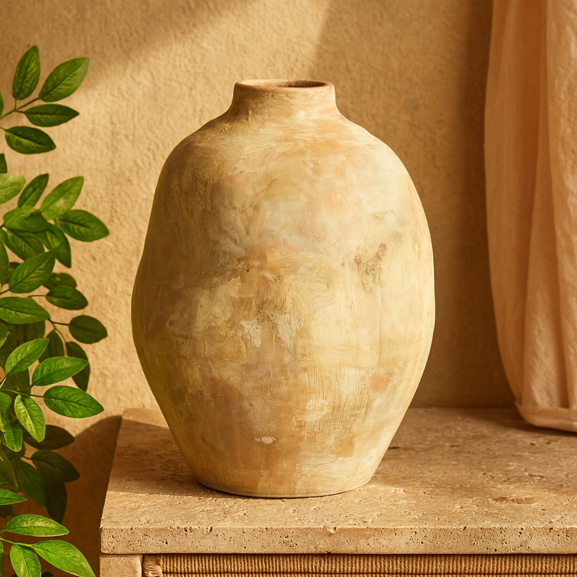 Beige Ceramic Antique Wide Decorative Vase with Shades of Pink
