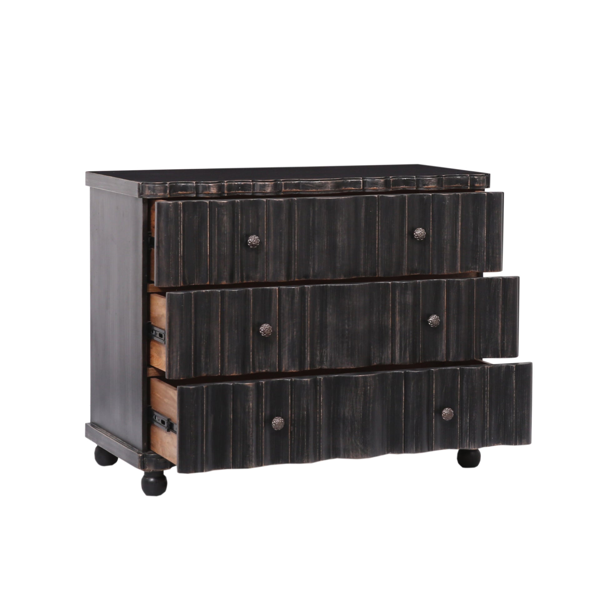 Black Mango Wood Distressed Scalloped 3 Drawer Room Chest with Vintage Knobs and Ball Feet