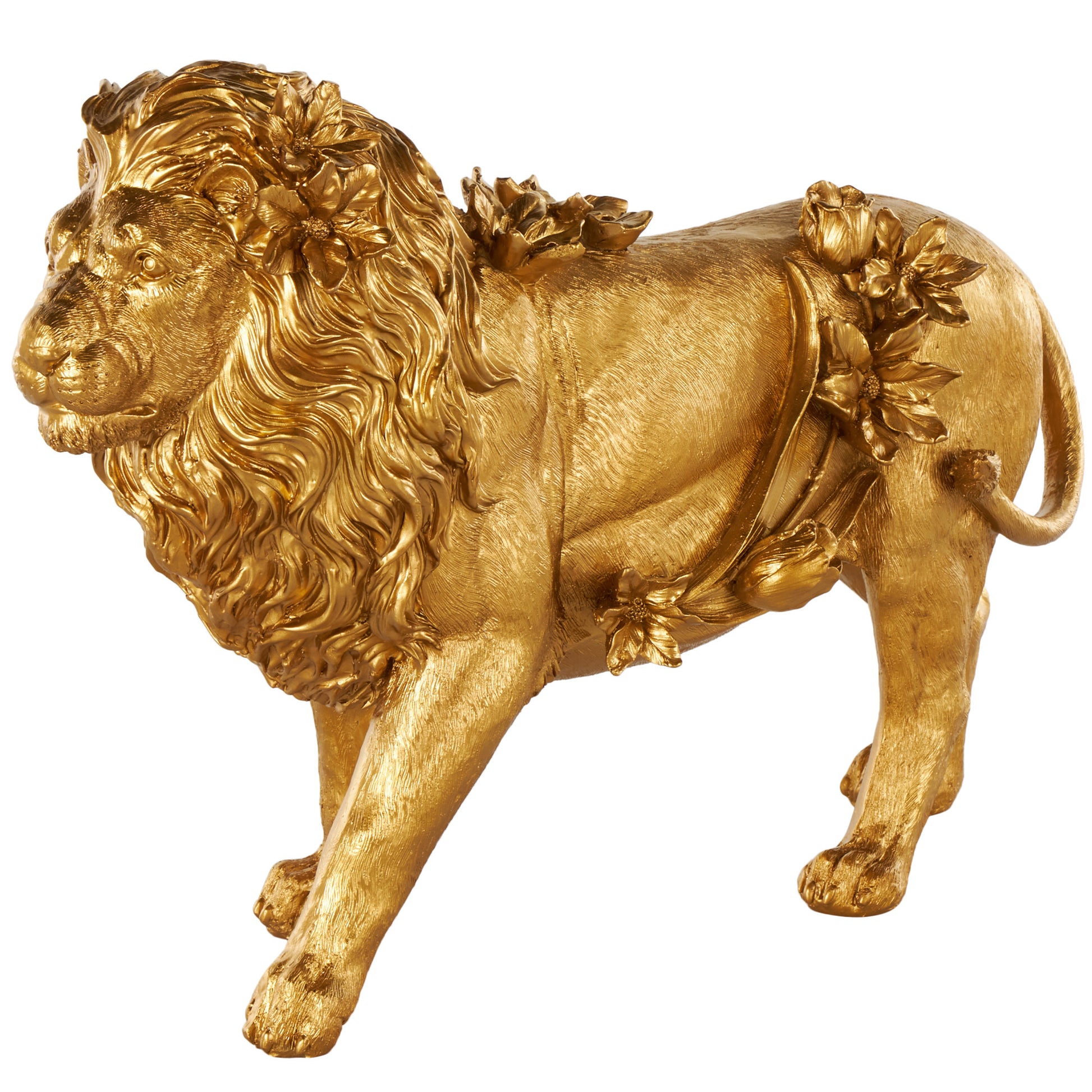 Lion Gold Resin Walking Decorative Sculpture with Floral Accents