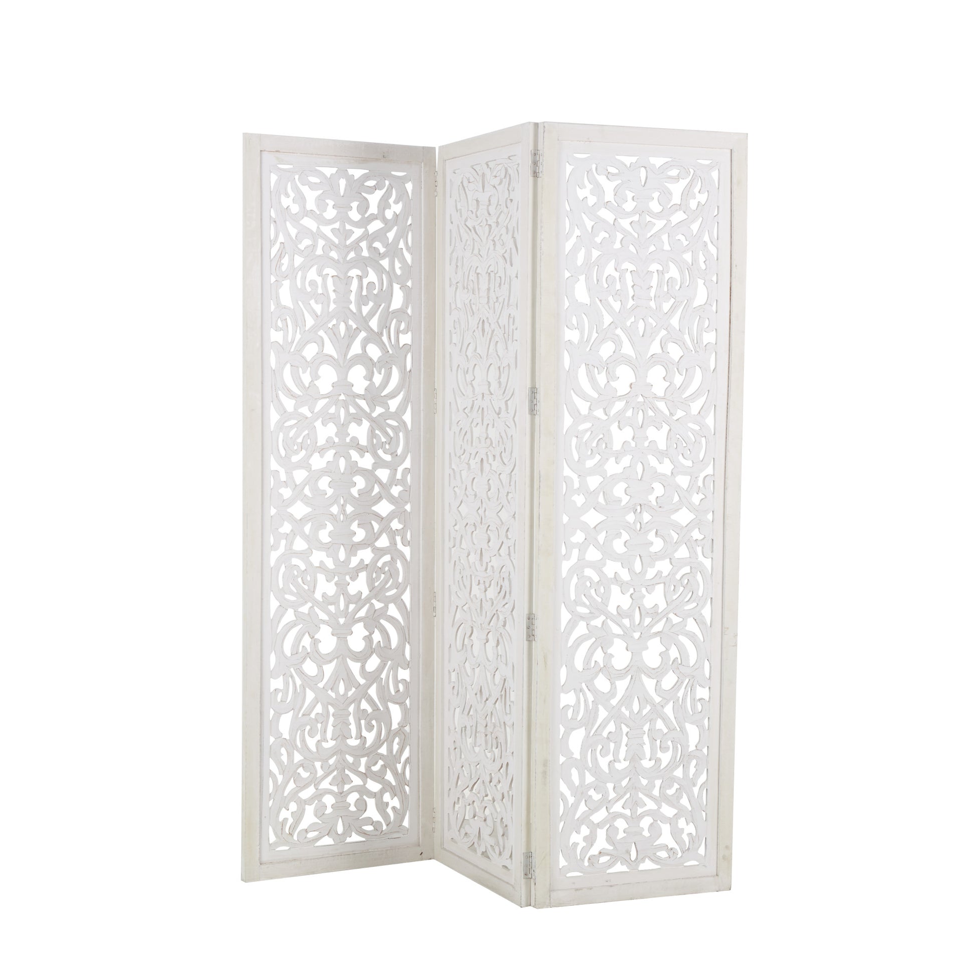 Floral White Wooden Handmade Foldable Partition 3 Panel Partition Room Divider Screen with Carved Design