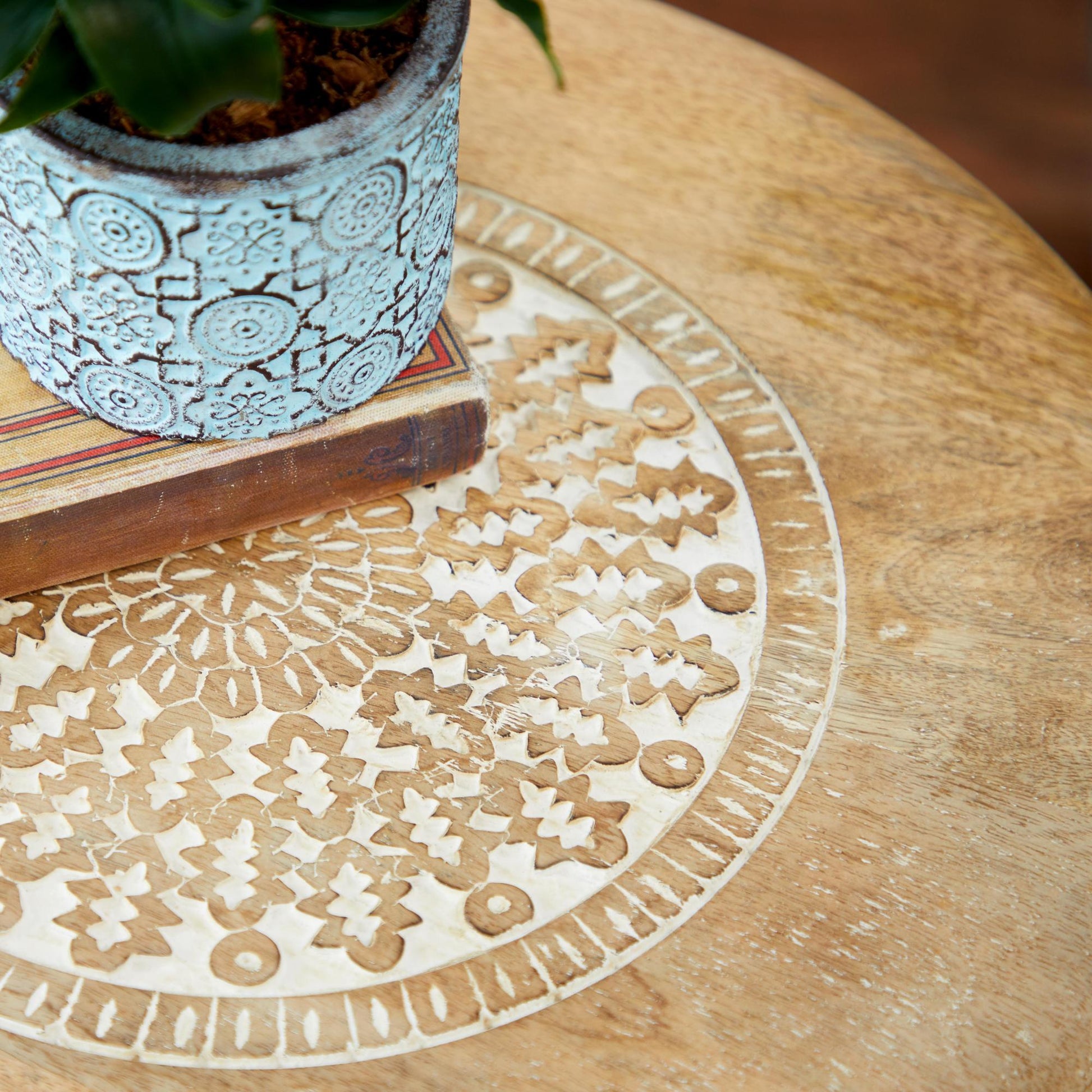Floral Mango Wood Handmade Intricately Carved Side End Accent Table with Tripod Legs
