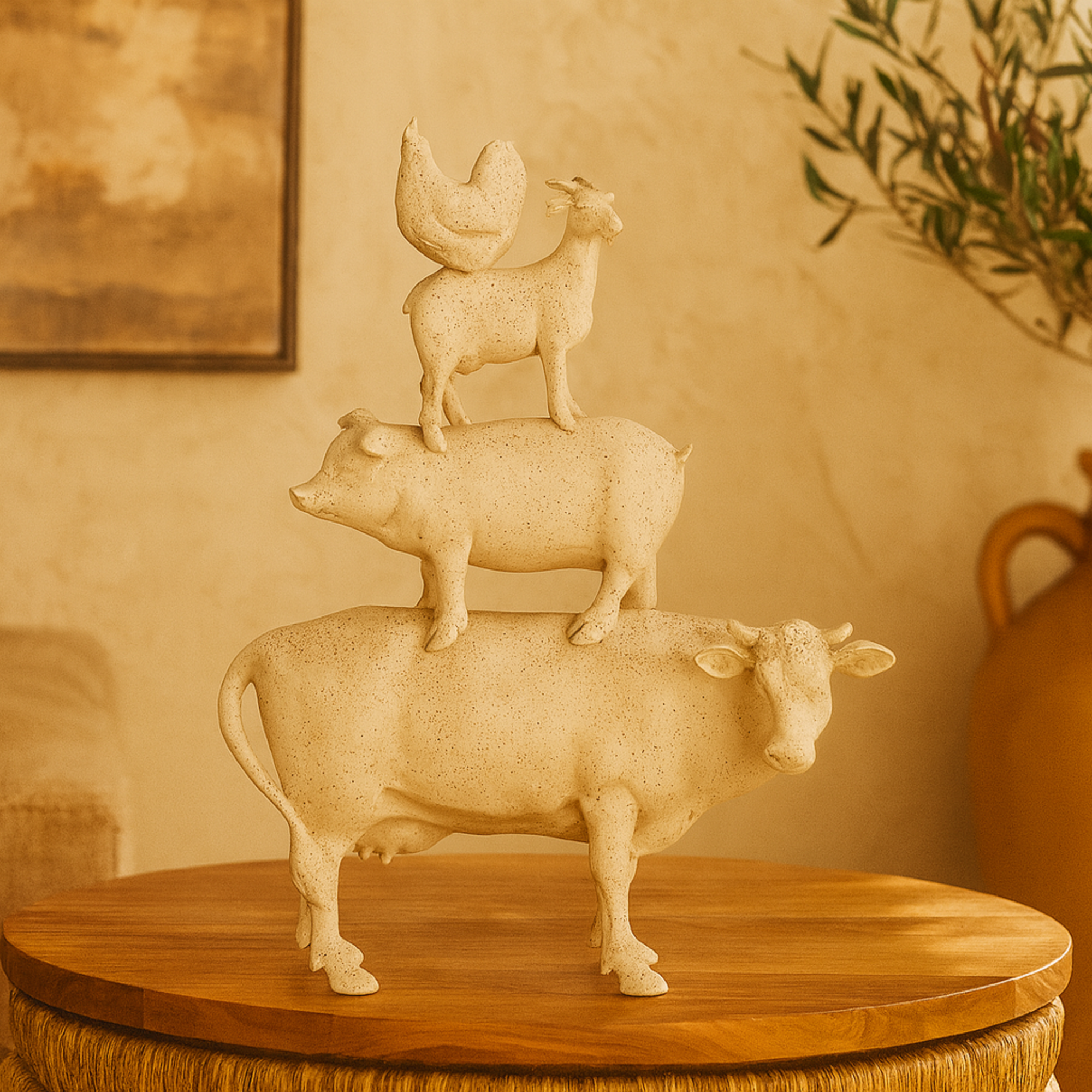 Farm Animals Cream Polystone Stacked Decorative Sculpture