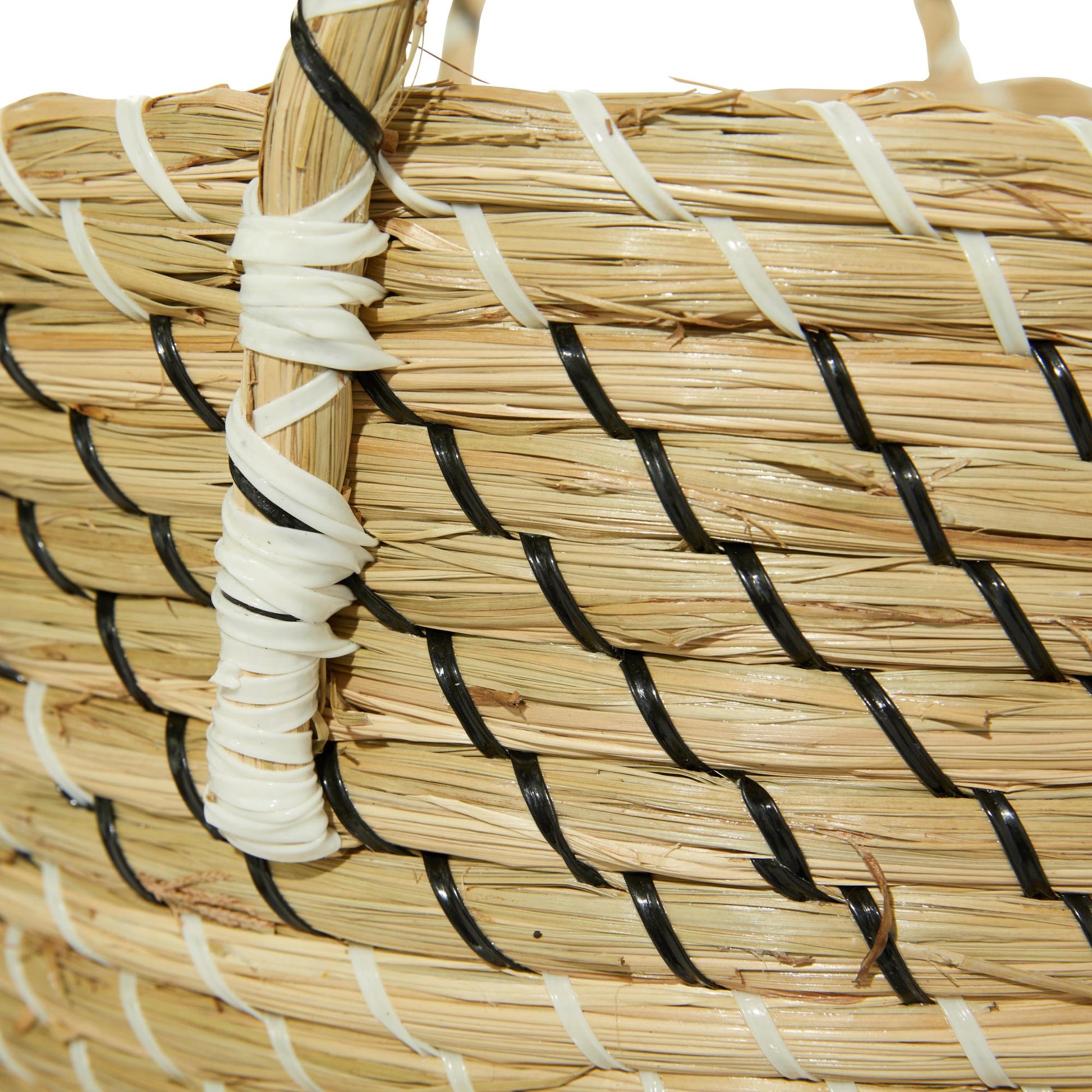 Set of 3 Beige Seagrass Handmade Woven Decorative and Functional Storage Basket with Black and White Zig Zag Pattern