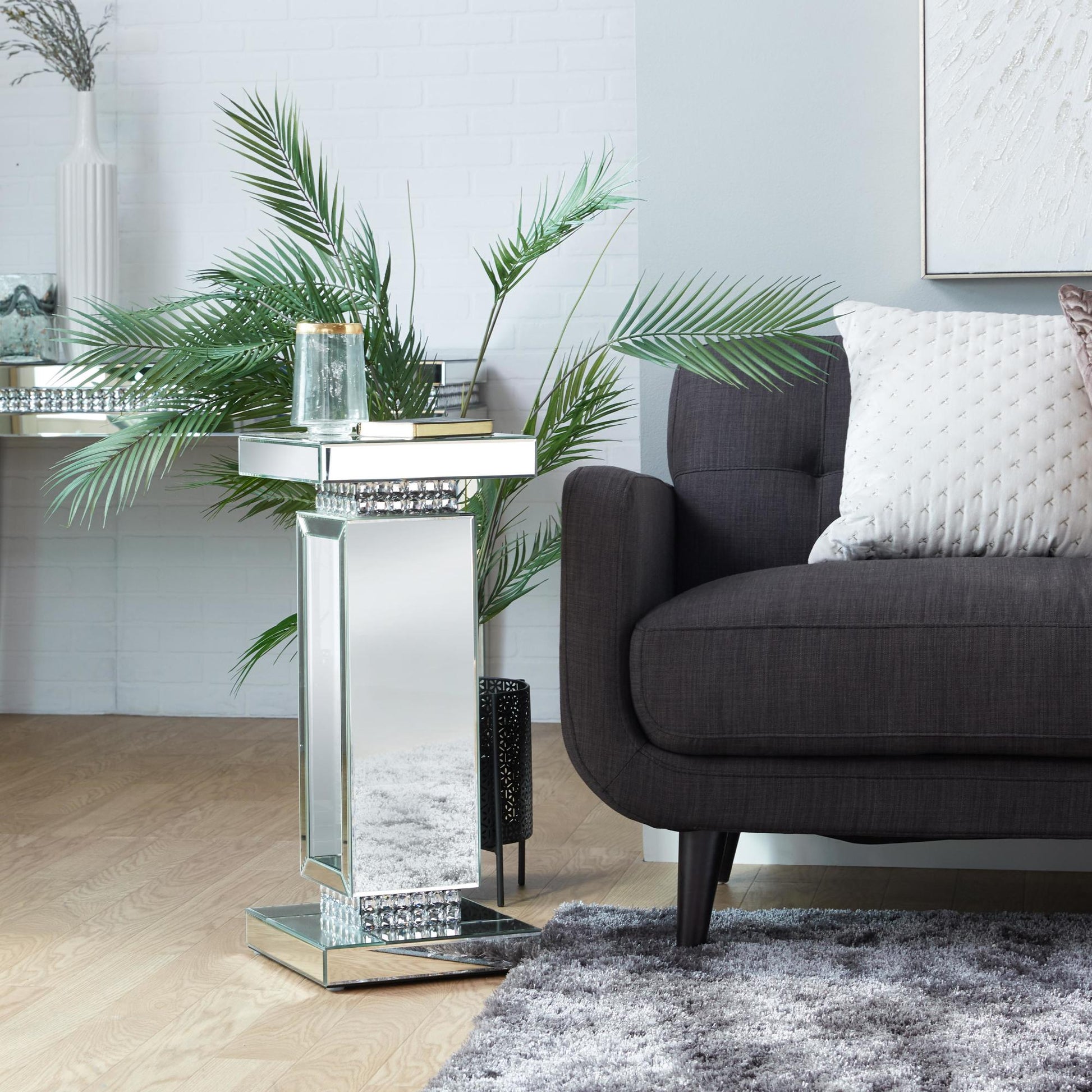Silver Glass Mirrored Side End Pedestal Table