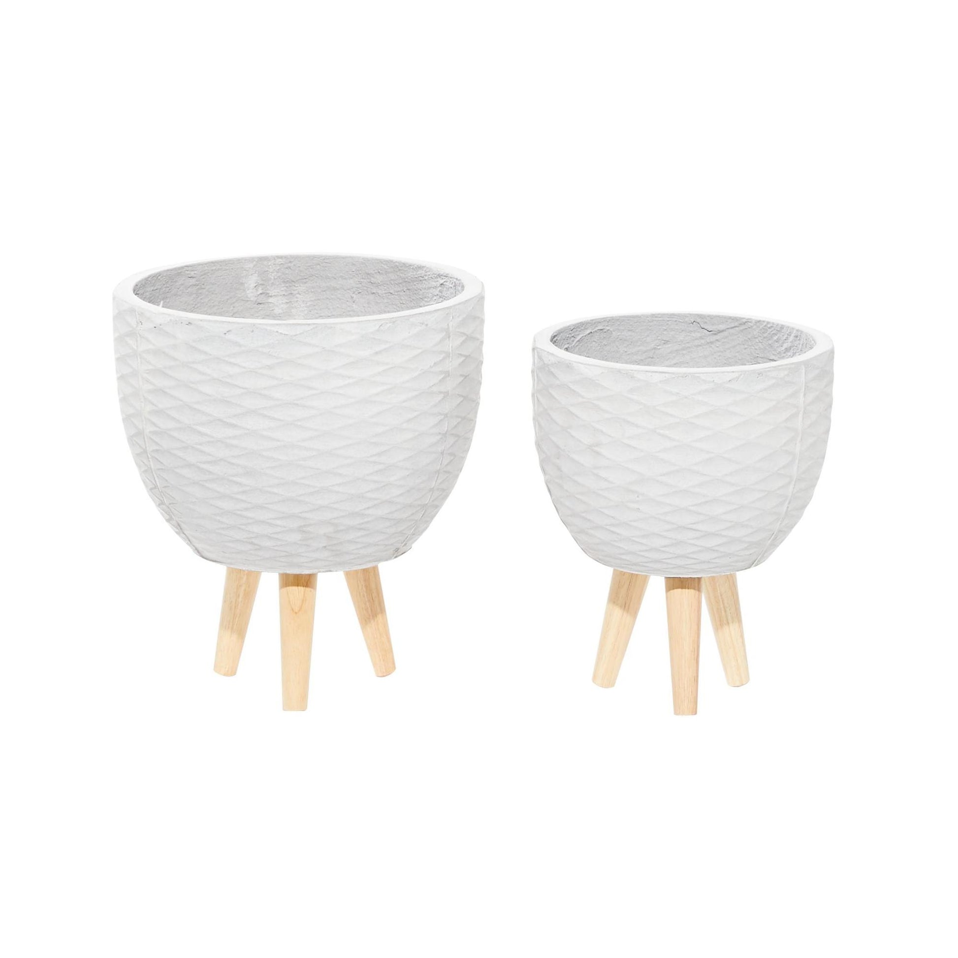 Set of 2 Geometric Ceramic Diamond Patterned Indoor Outdoor Planter with Wood Tripod Legs