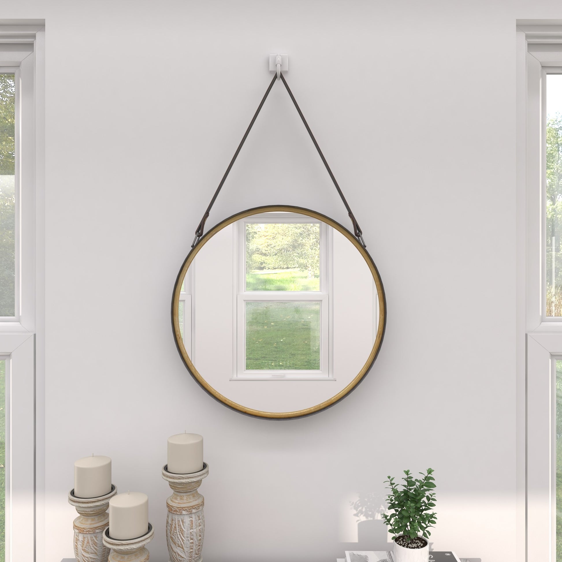 Gold Metal Small Room Wall Mirror with Leather Hanging Strap