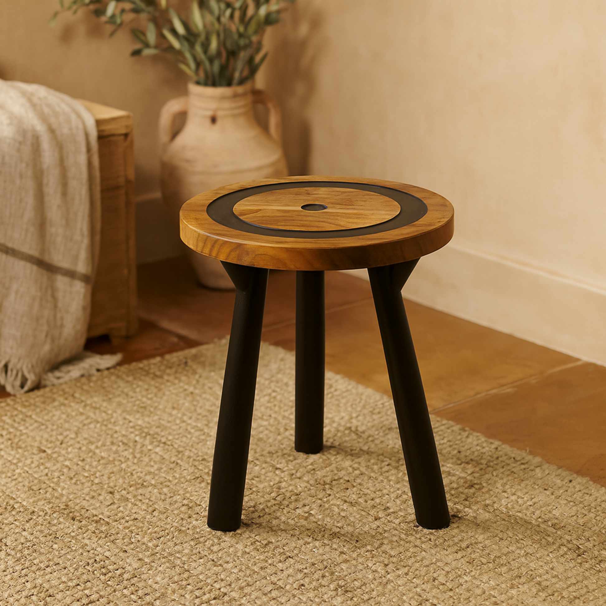 Geometric Brown Teak Wood Layered Circle Side End Accent Table with Black Legs