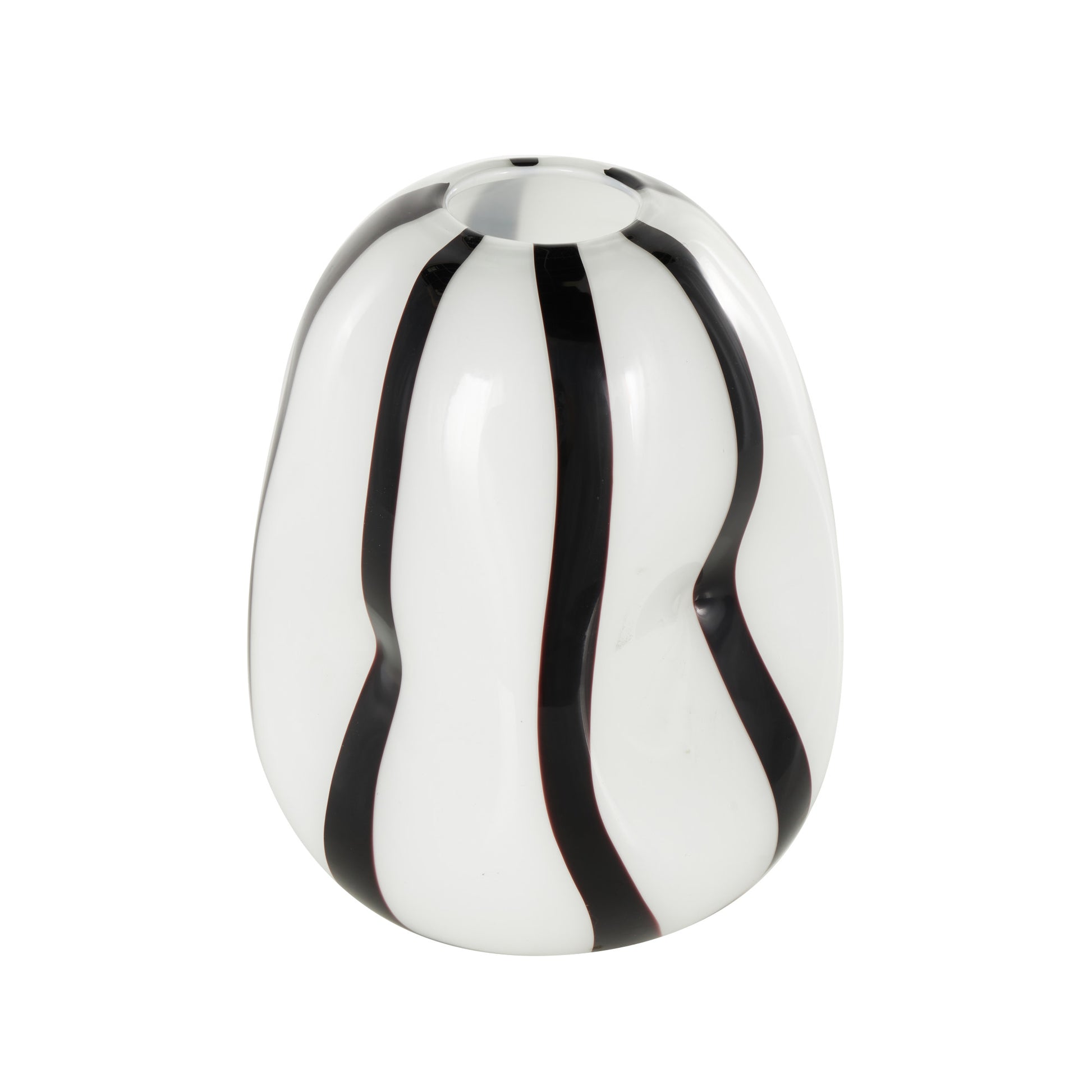 White Glass Concaved Round Decorative Vase with Black Stripes