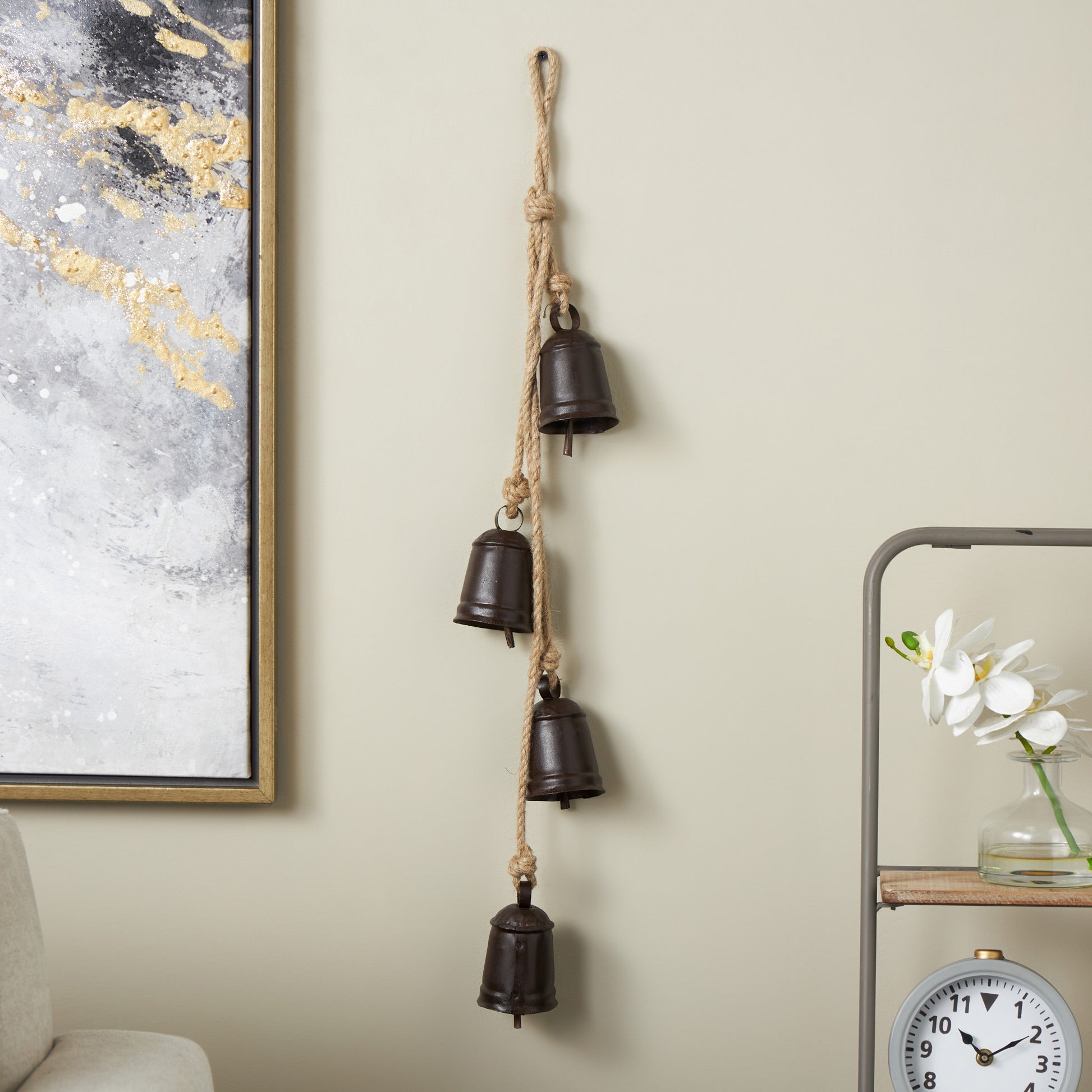 Metal Handmade Tibetan Inspired Indoor Outdoor Decorative Cow Bells with 4 Bells on Jute Hanging Rope