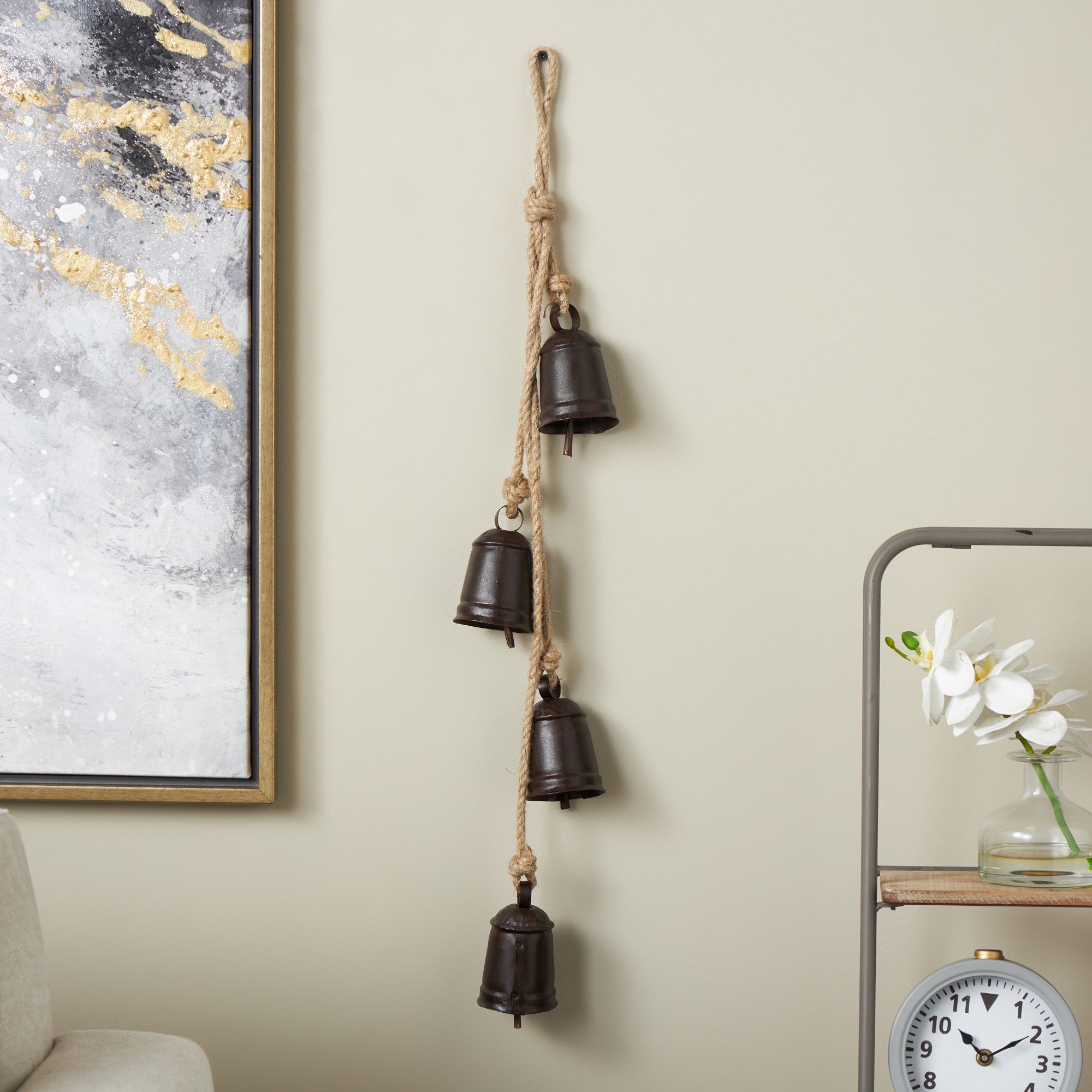 Metal Handmade Tibetan Inspired Indoor Outdoor Decorative Cow Bells with 4 Bells on Jute Hanging Rope