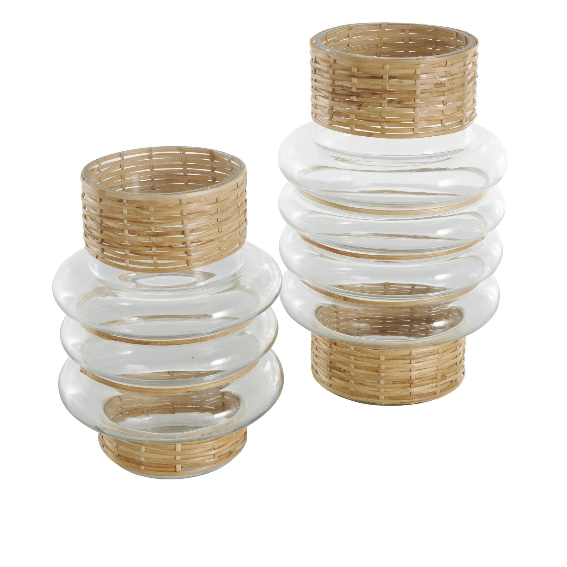 Set of 2 Clear Glass Handmade Rattan Wrapped Decorative Vase