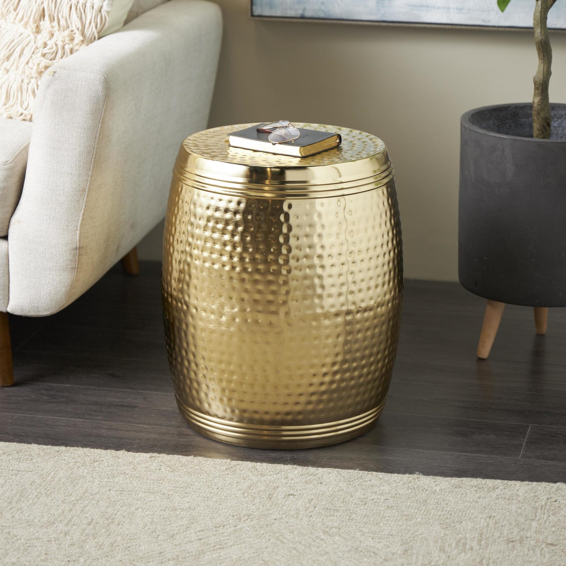 Drum Metal Handmade Side End Accent Table with Hammered Design