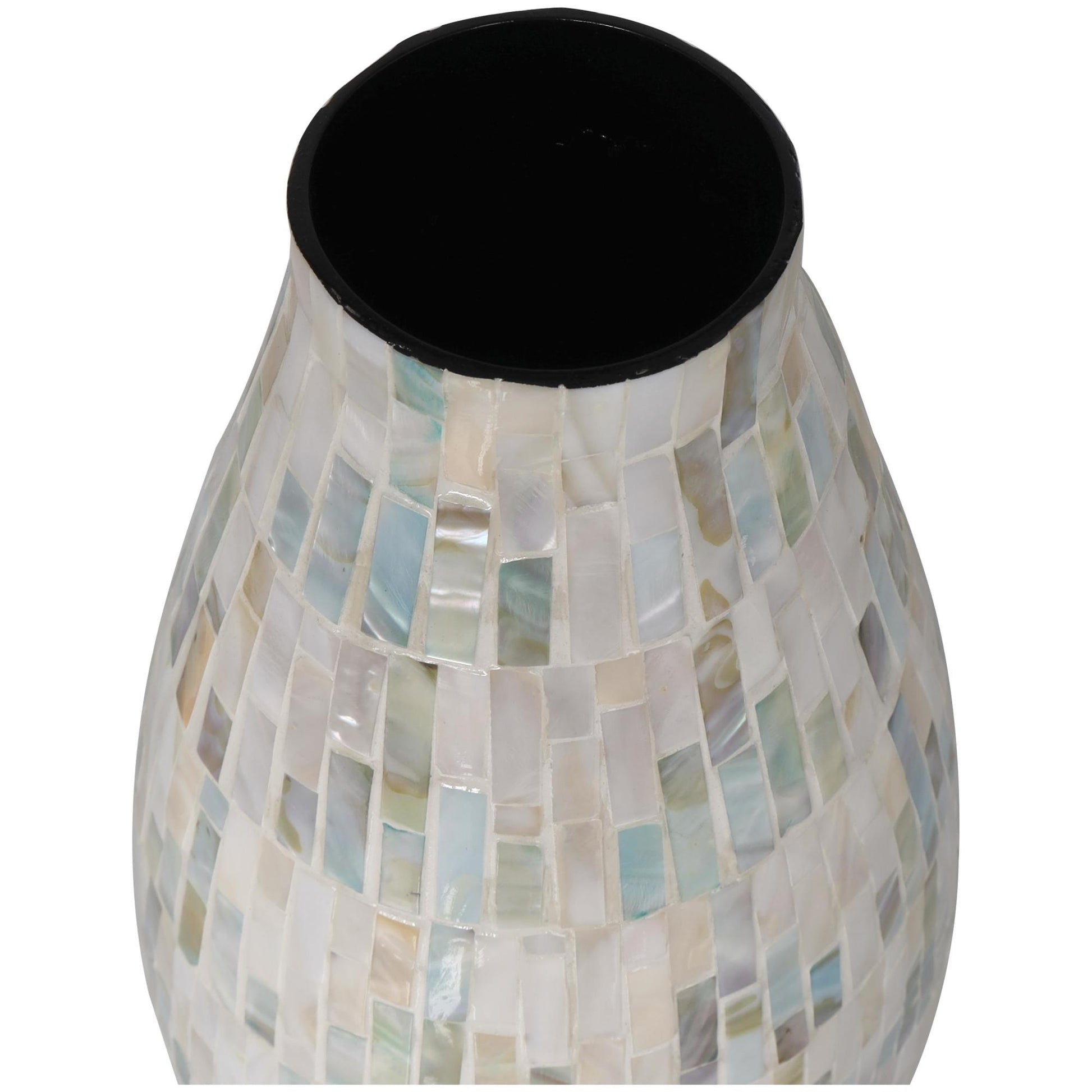 White Mother of Pearl Shell Handmade Mosaic Inspired Decorative Vase with Pastel Blue and Pink Accents