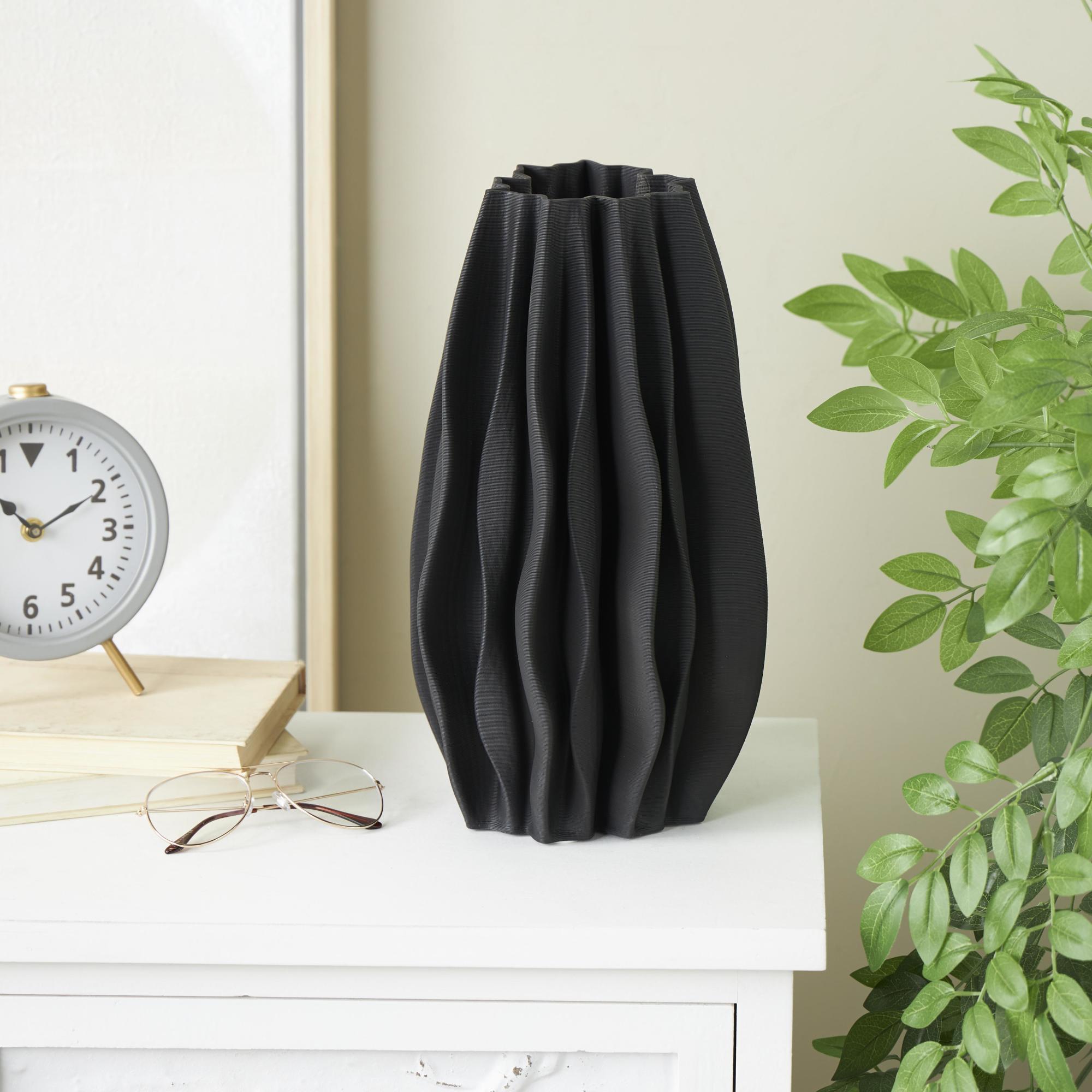 Abstract Black Ceramic Dimensional Wavy Ribbed Decorative Vase with Floral Shaped Rim