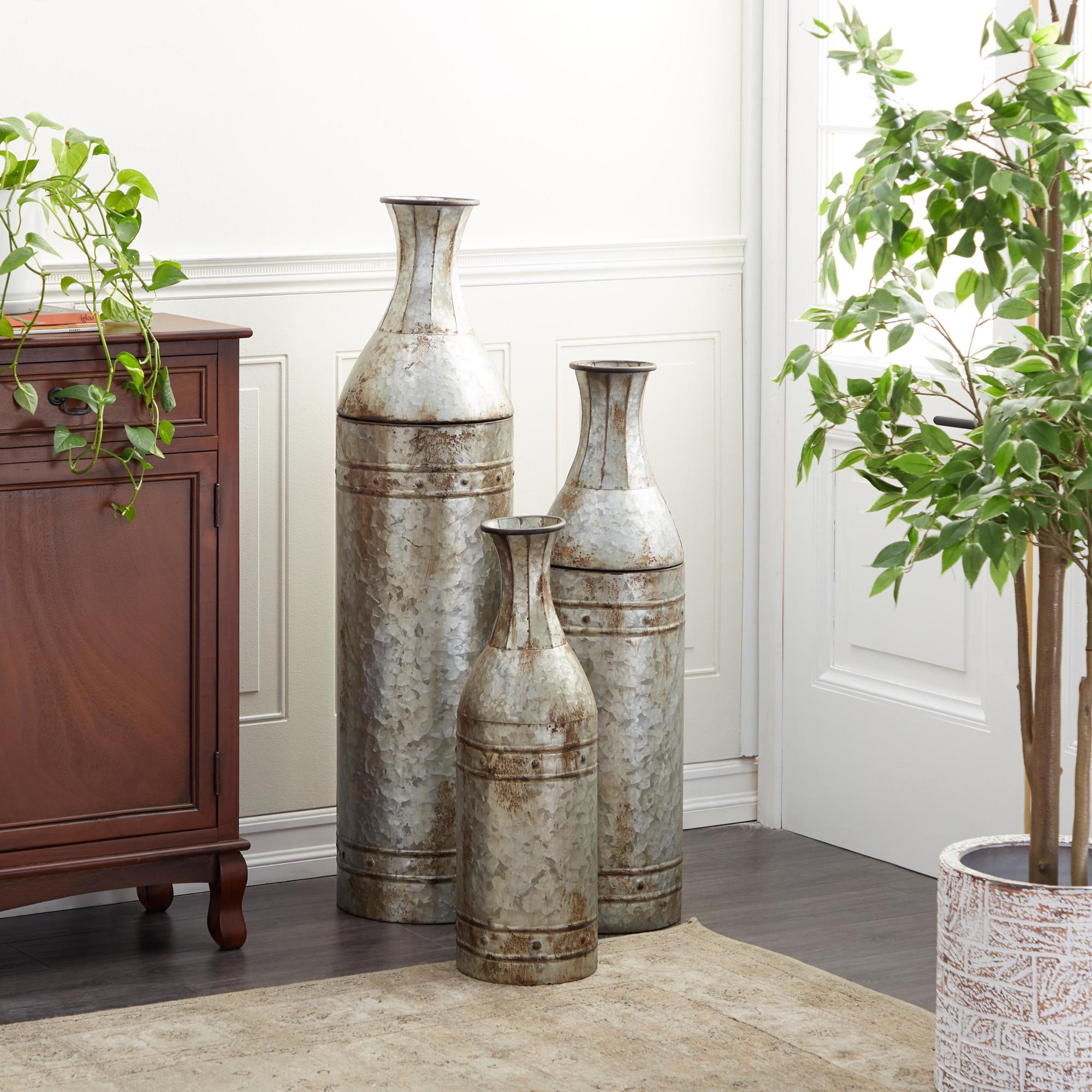 Set of 3 Gray Metal Handmade Tall Galvanized Floor Decorative Vase with Studs