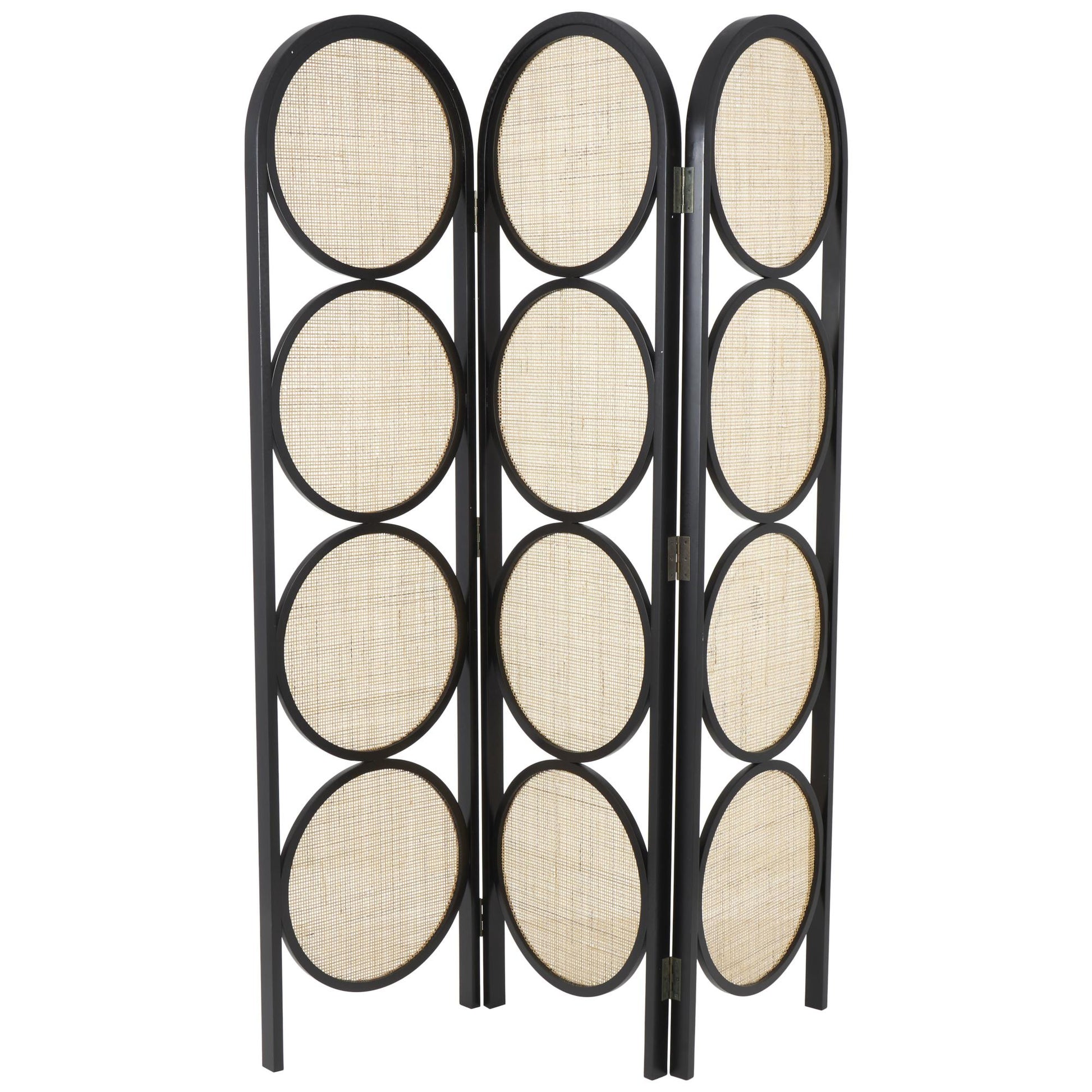 Geometric Black Wooden Handmade Arched Foldable 3 Panel Partition Room Divider Screen with Woven Cutouts