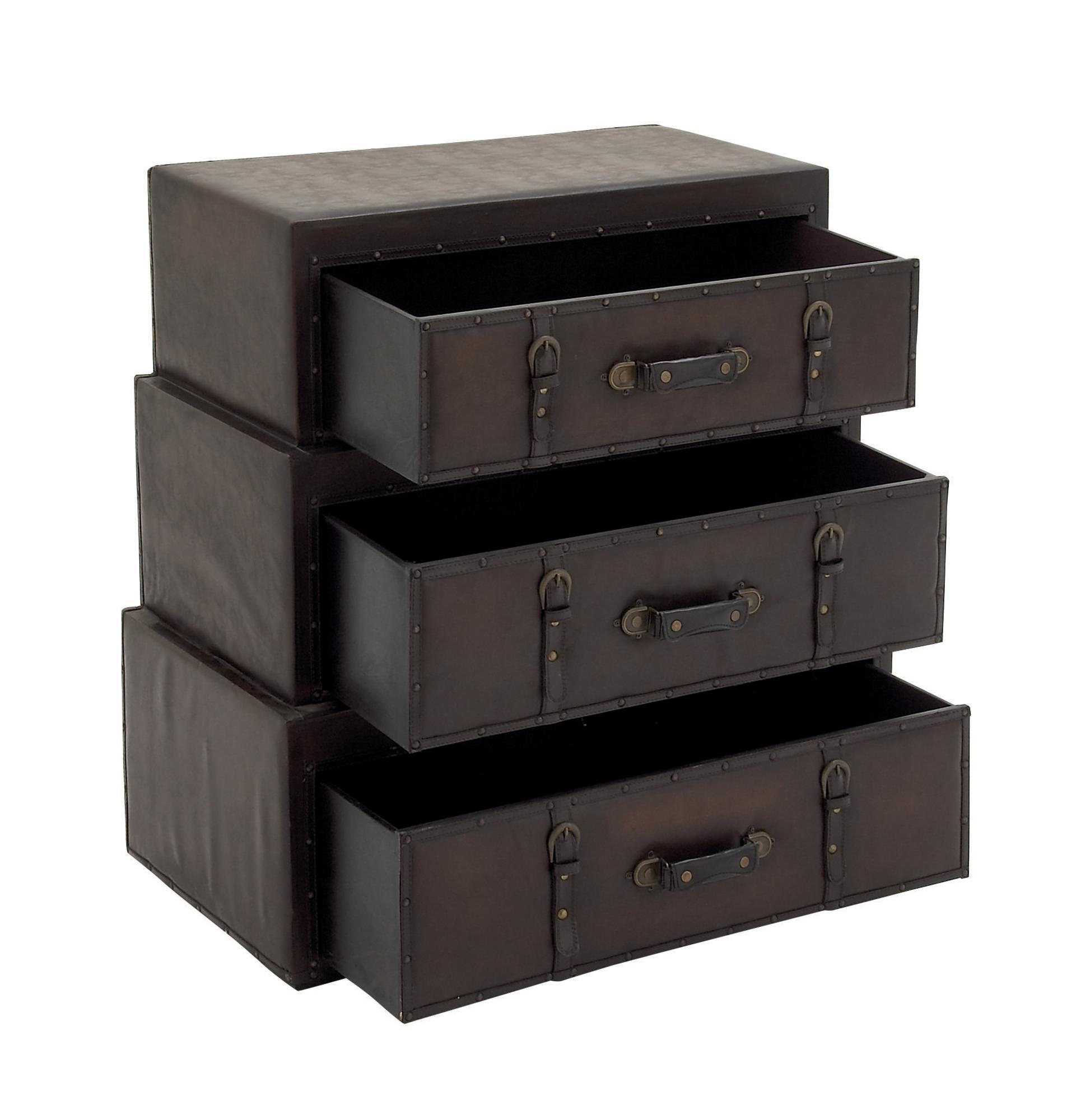 Brown Wood Vintage Faux Leather Room Chest with Buckles and Straps Detailing