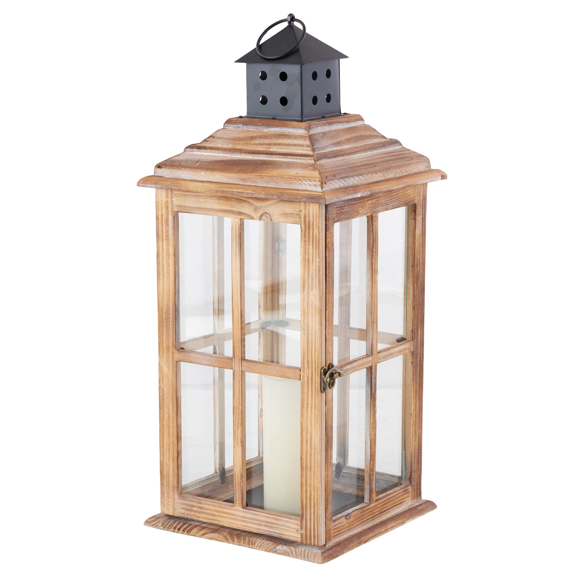 Wood Lighthouse Style Decorative Indoor Outdoor Candle Lantern with Black Ring Handle 9" x 9" x 22"