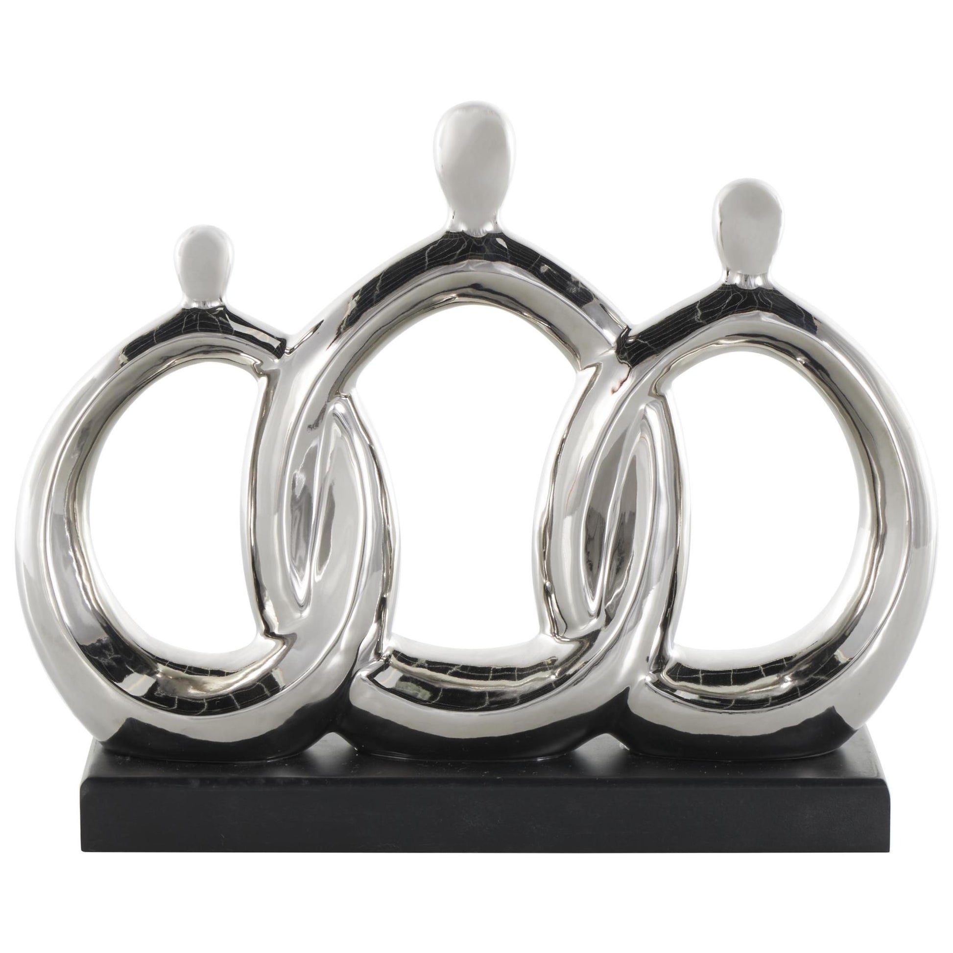 Family Silver Ceramic 3 Figure Decorative Sculpture with Black Rectangular Base