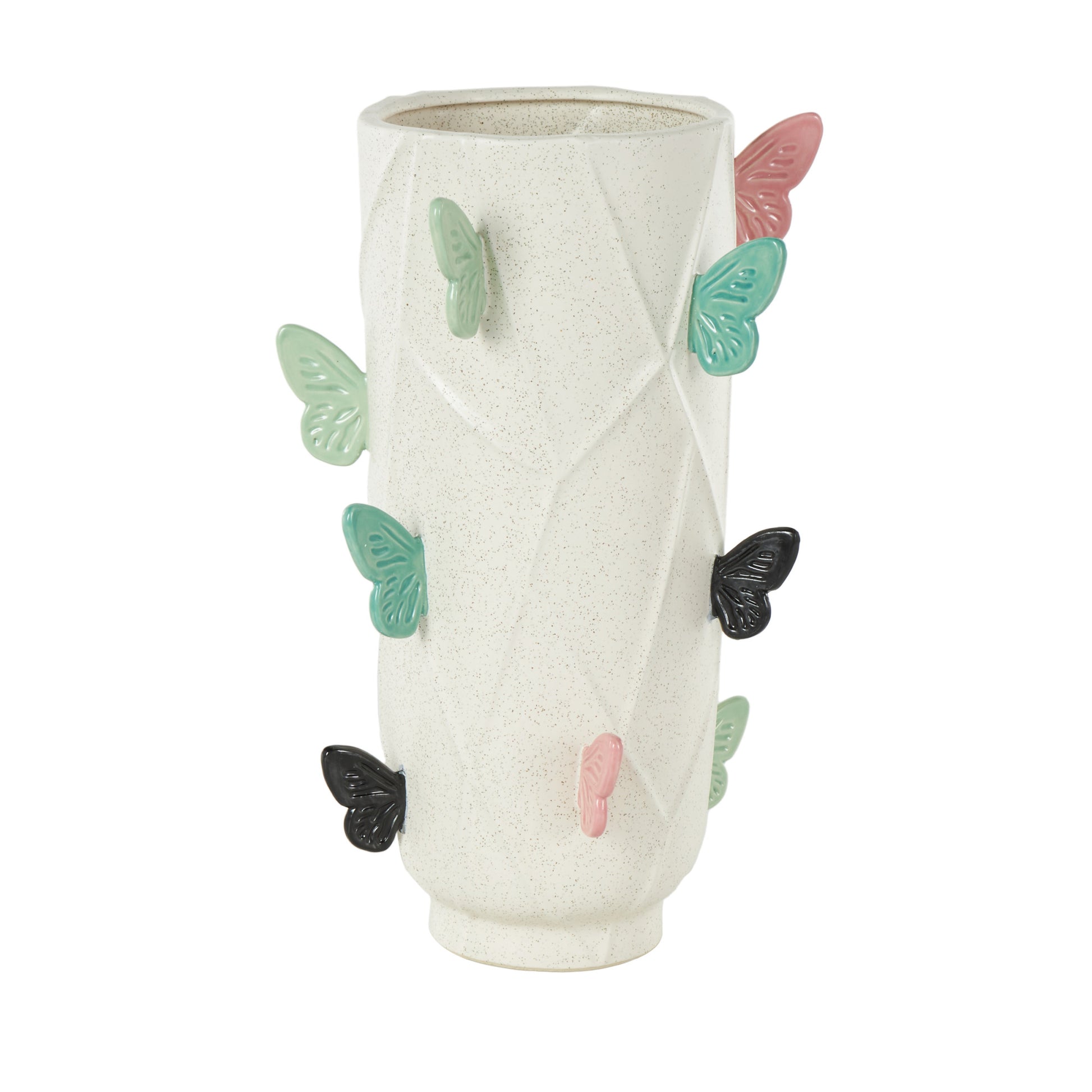 Butterfly White Ceramic Wide Decorative Vase with Multicolor Accents