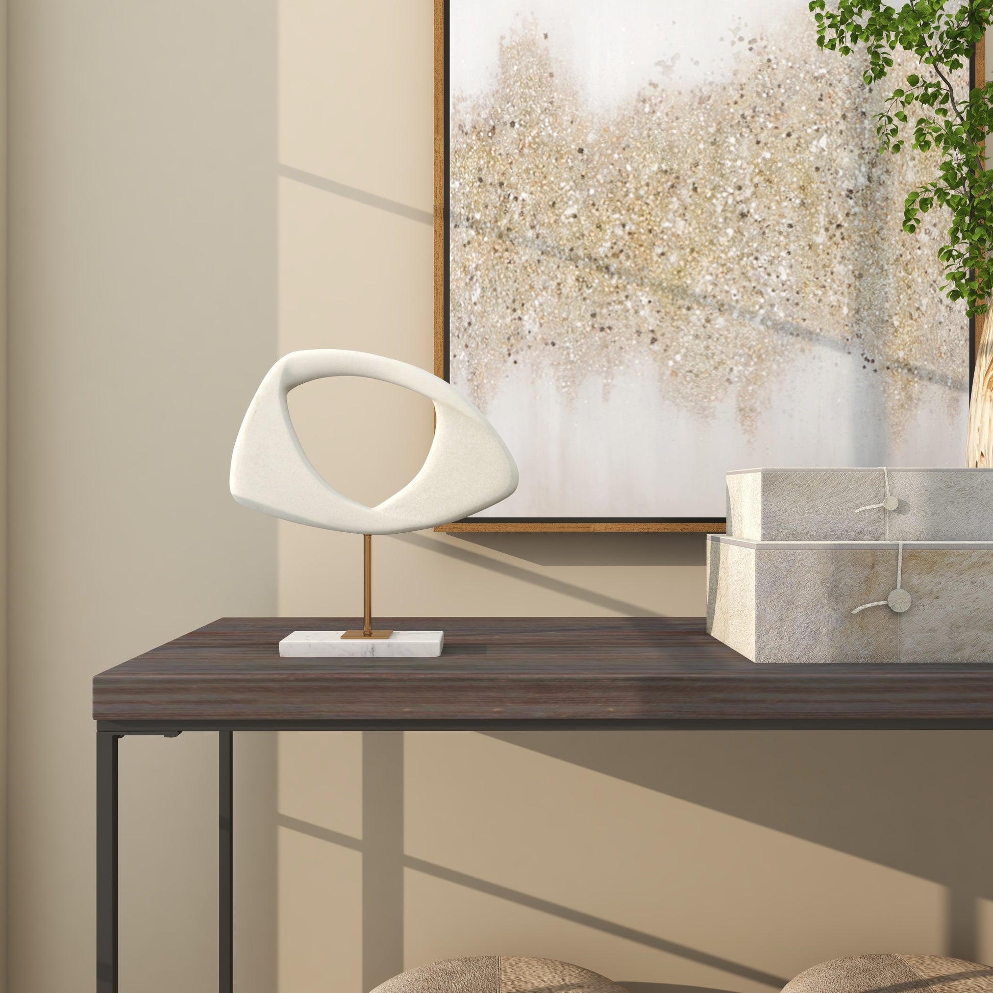 Abstract White Polystone Cut-Out Decorative Sculpture with Marble Stand