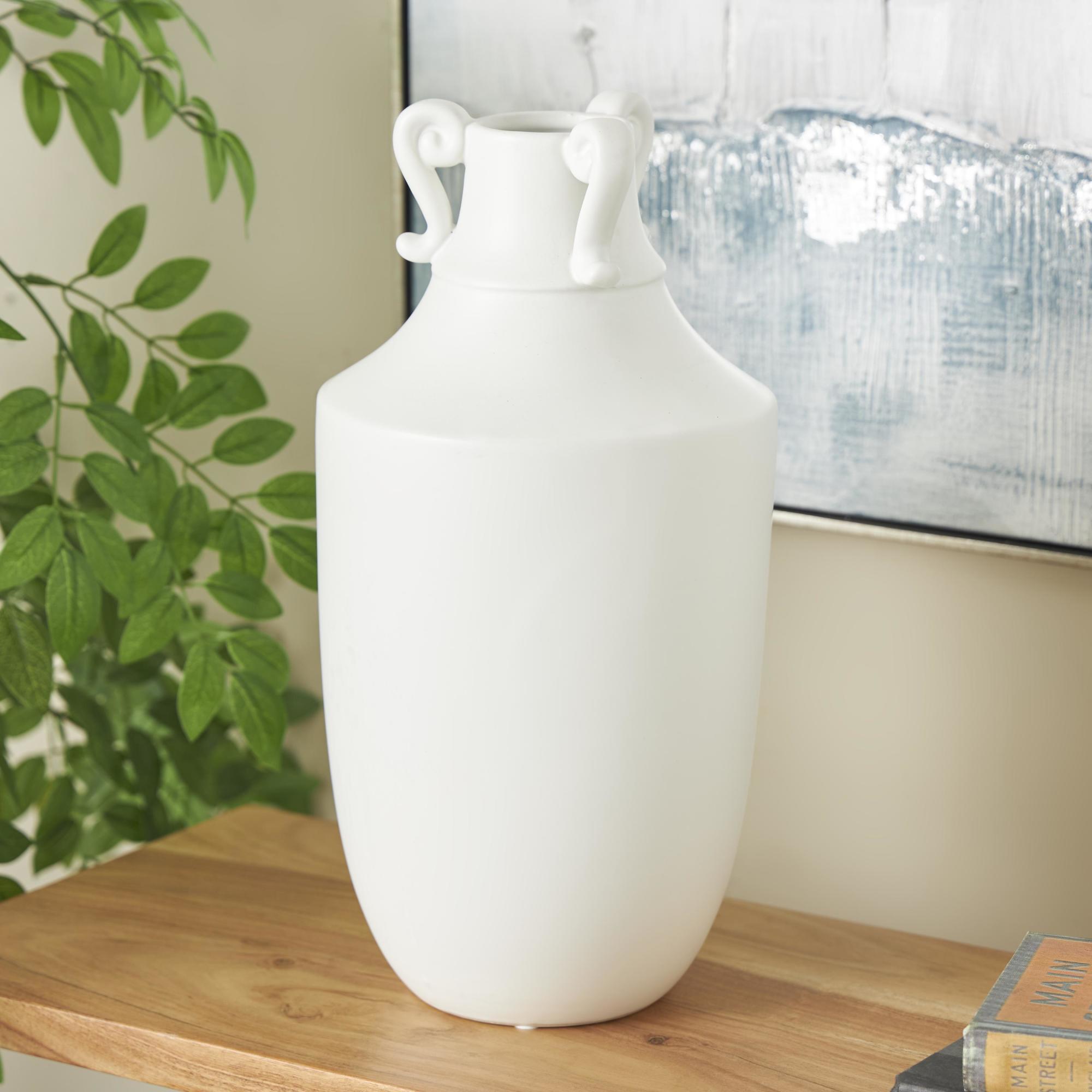 Scroll White Ceramic Sleek Amphora Decorative Vase with Handles