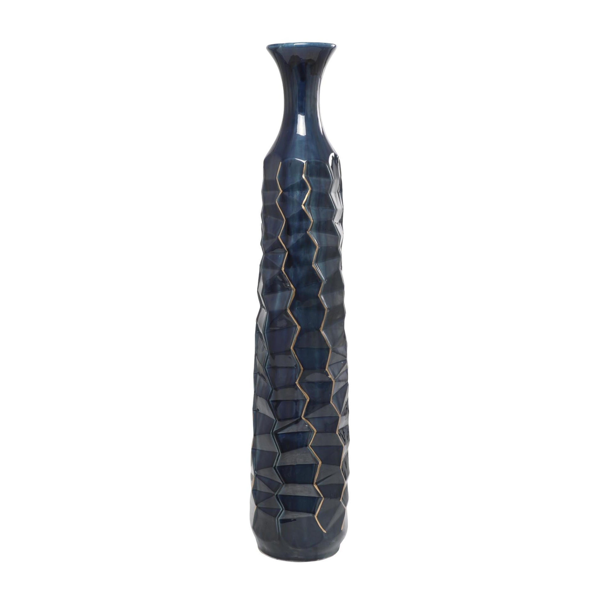 Teal Ceramic Geometric Floor Decorative Vase with Gold Accents
