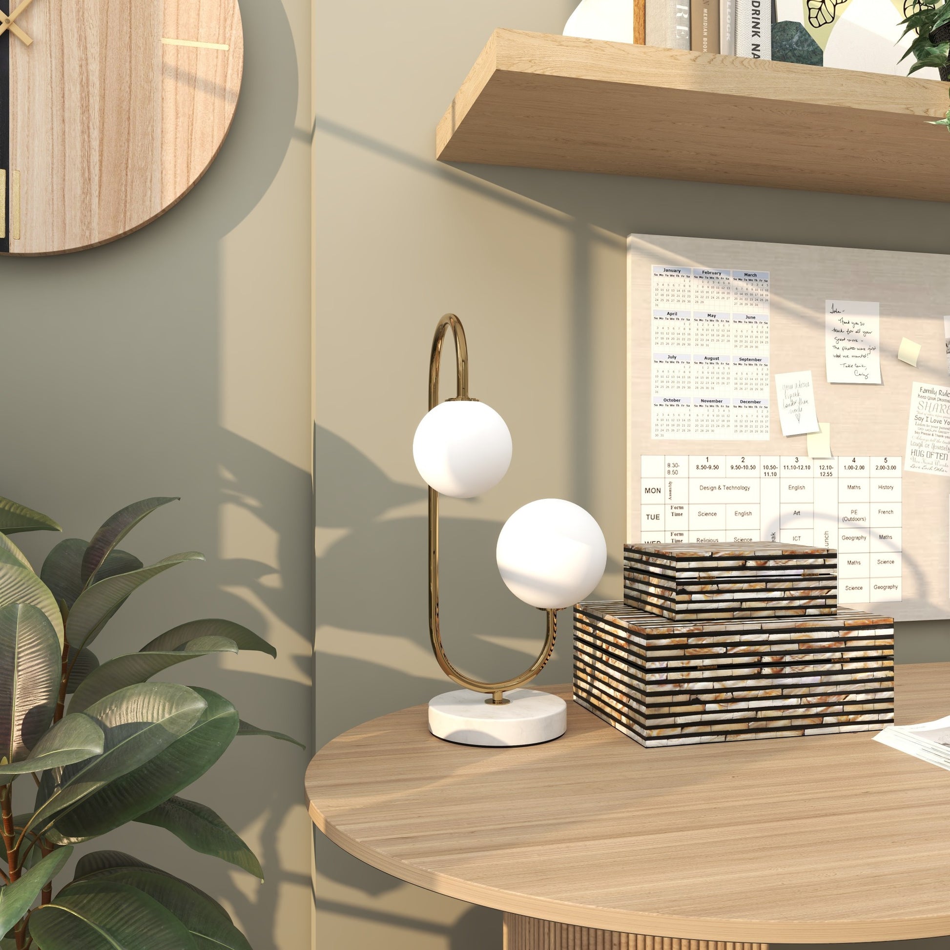 Gold Metal Curved Orb 2 Light Room Table Lamp with White Glass Shades and Marble Base