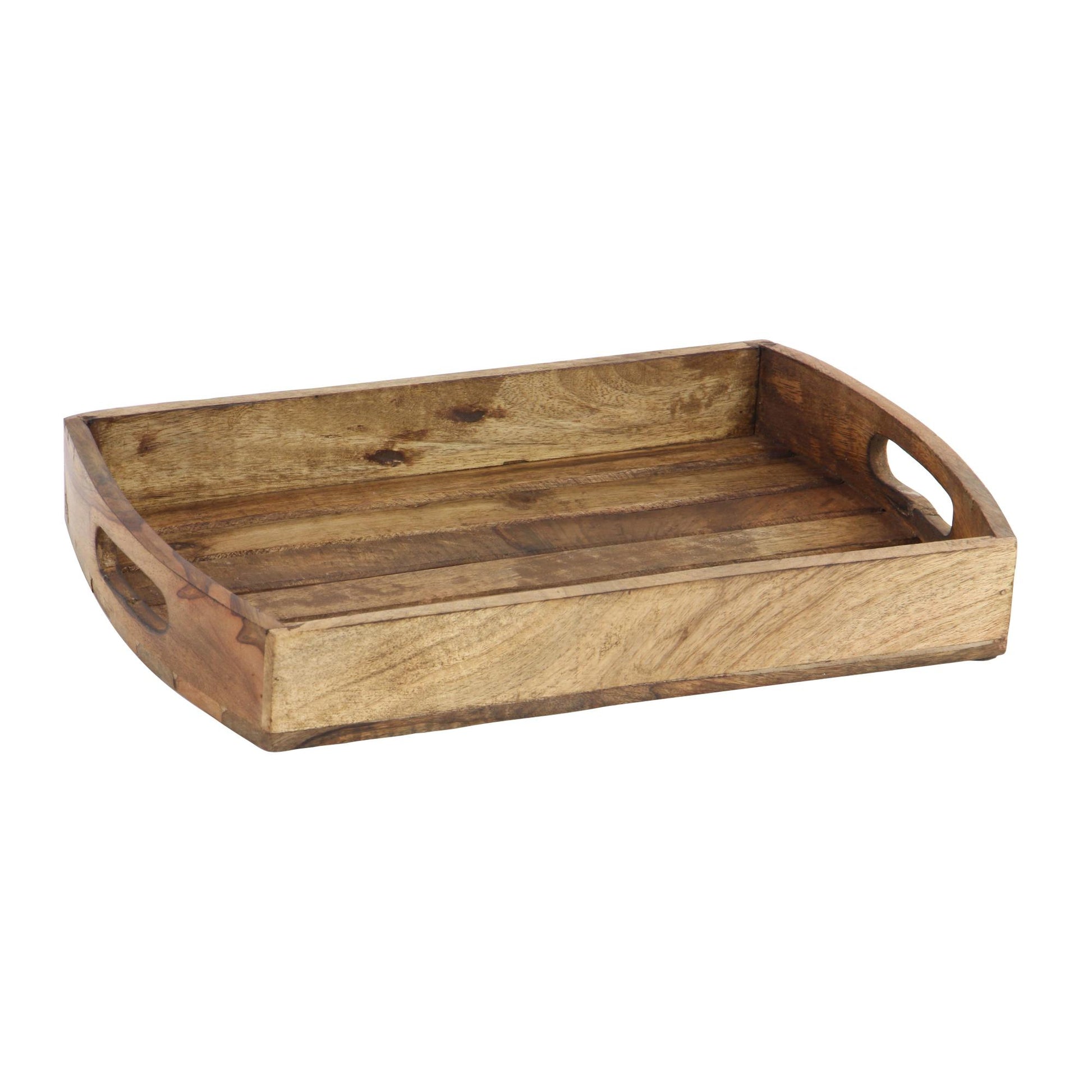Set of 3 Light Brown Mango Wood Living Room Decor Tray with Slot Handles