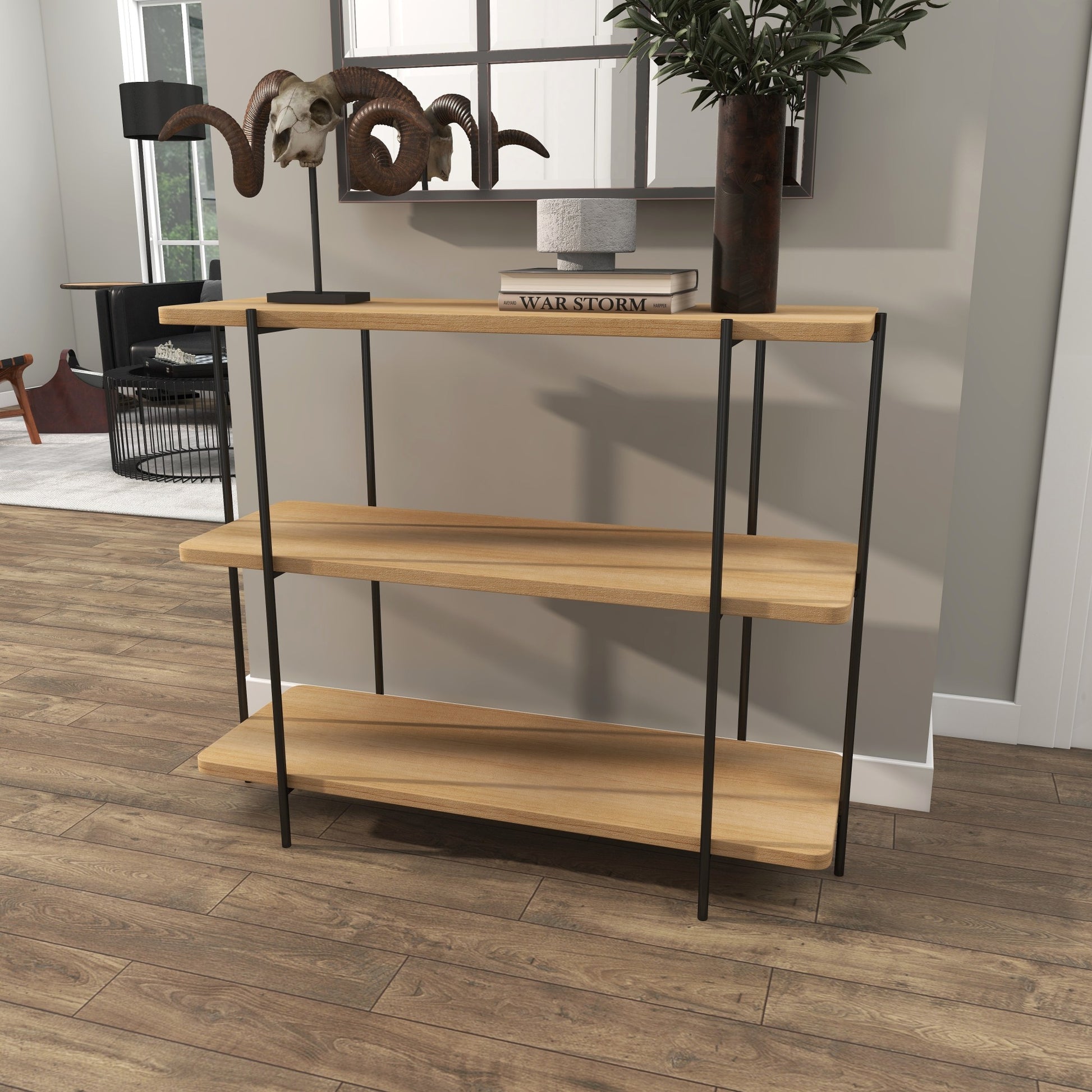 Beige Wood Rounded Rectangular 2 Shelf Living Room Console Table with Slim Black Metal Legs