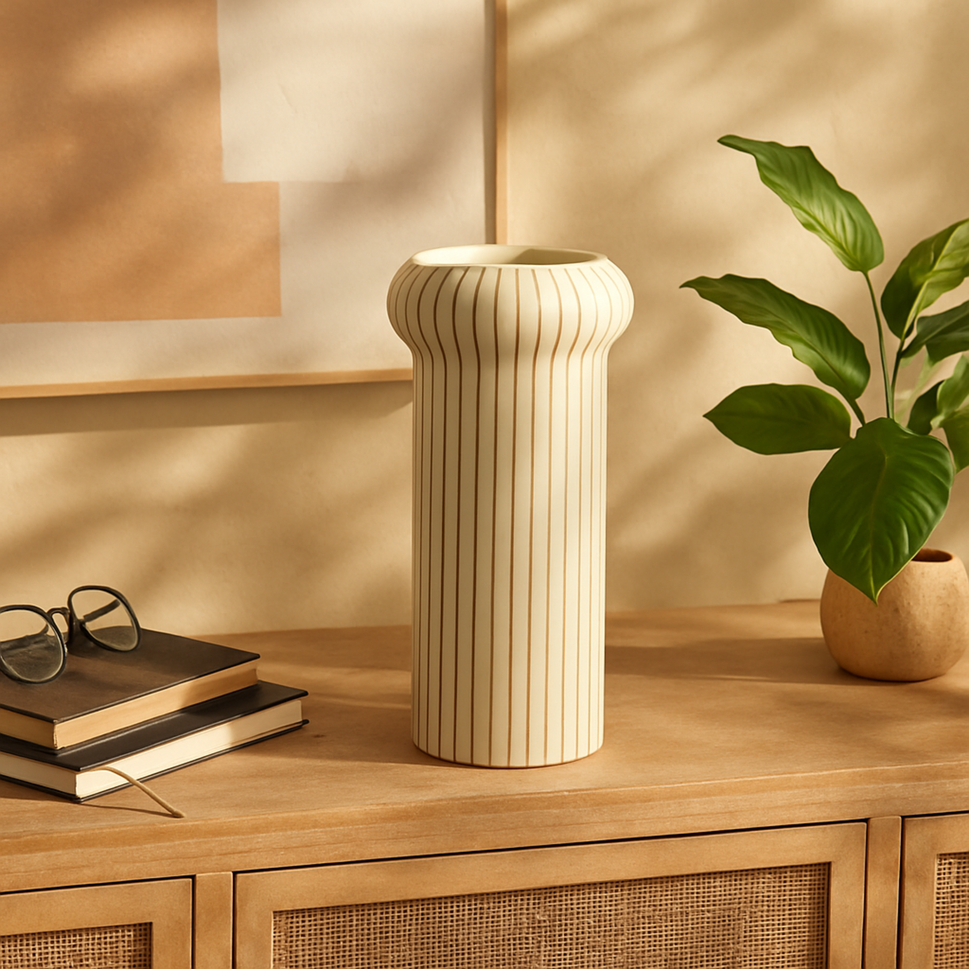 Abstract White Ceramic Round Decorative Vase with Green Linear Patterns
