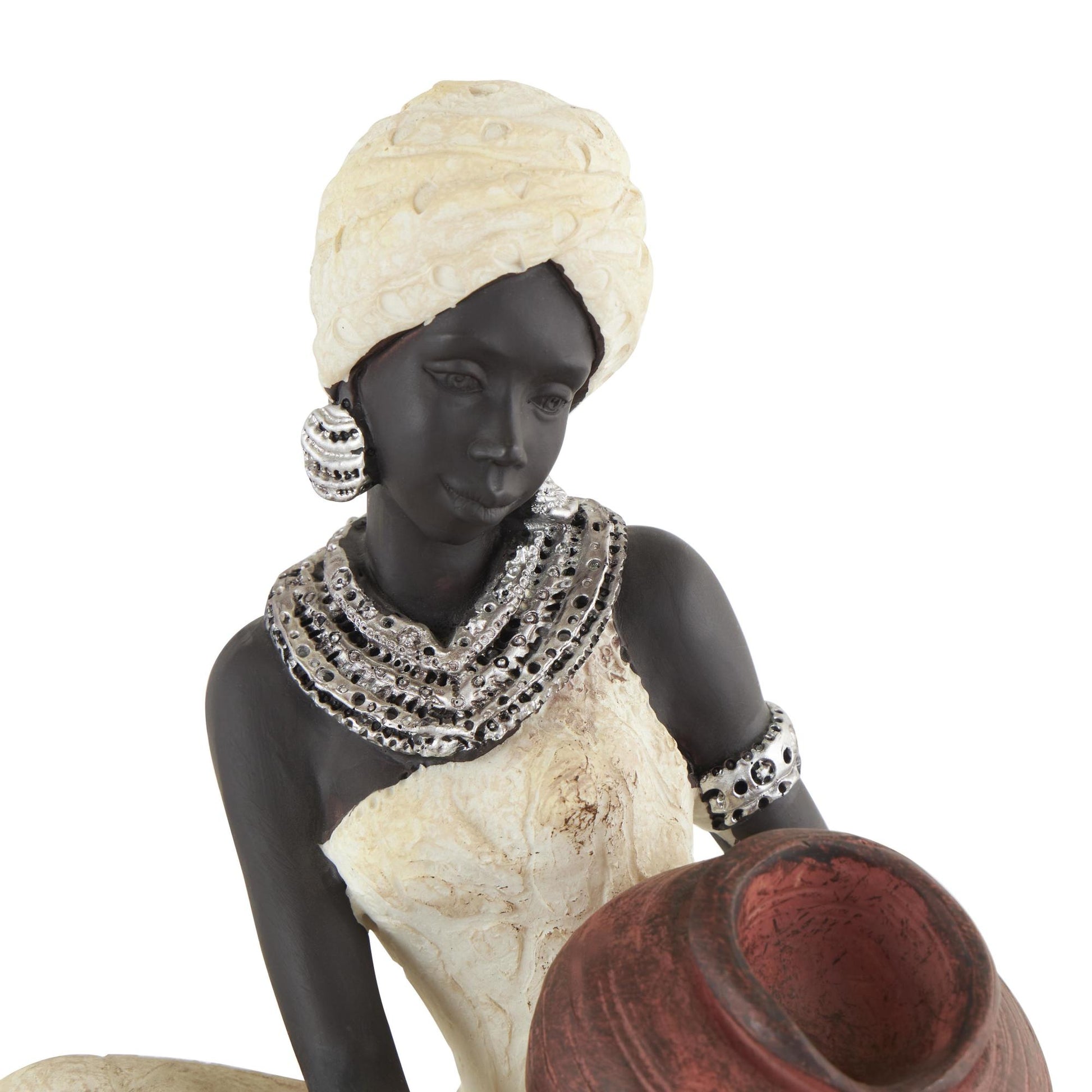 Woman Cream Polystone Sitting African Decorative Sculpture with Red Water Pot