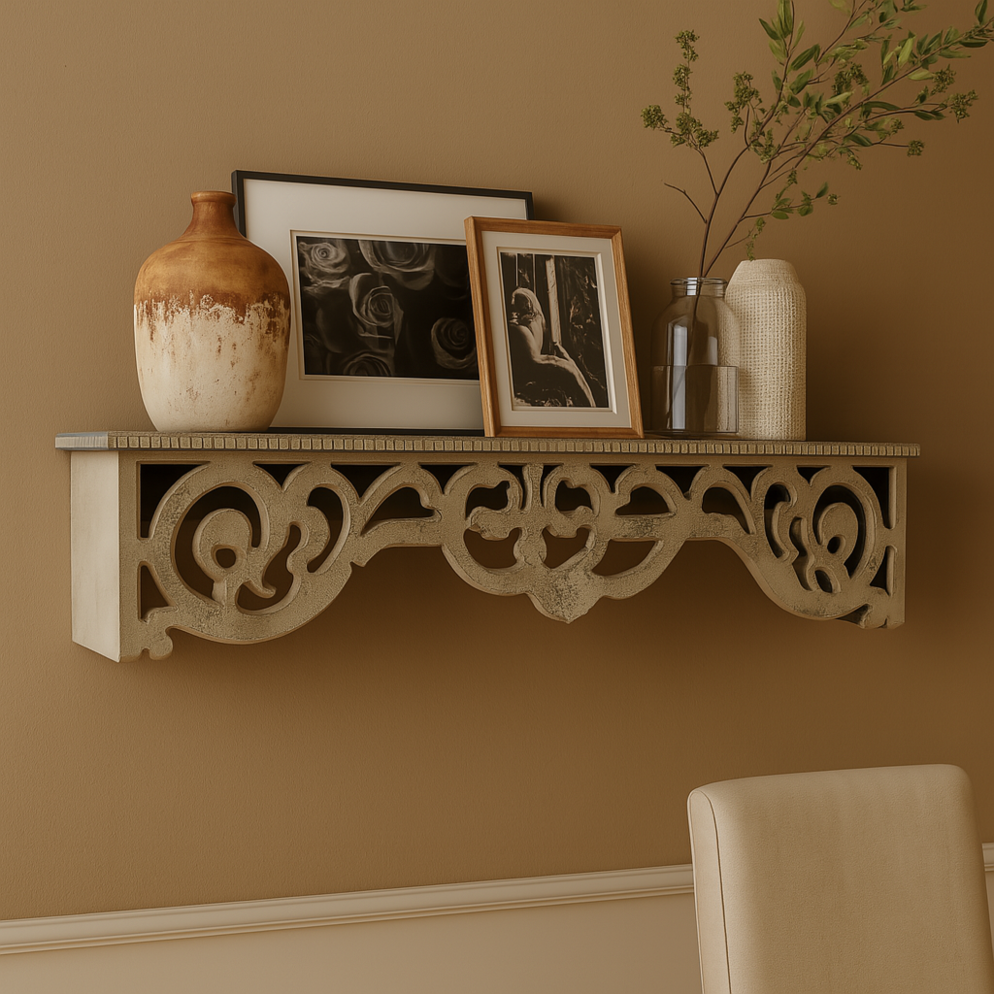 Scroll Beige Wooden 1 Shelf Room Wall Shelf with Gray Distressing