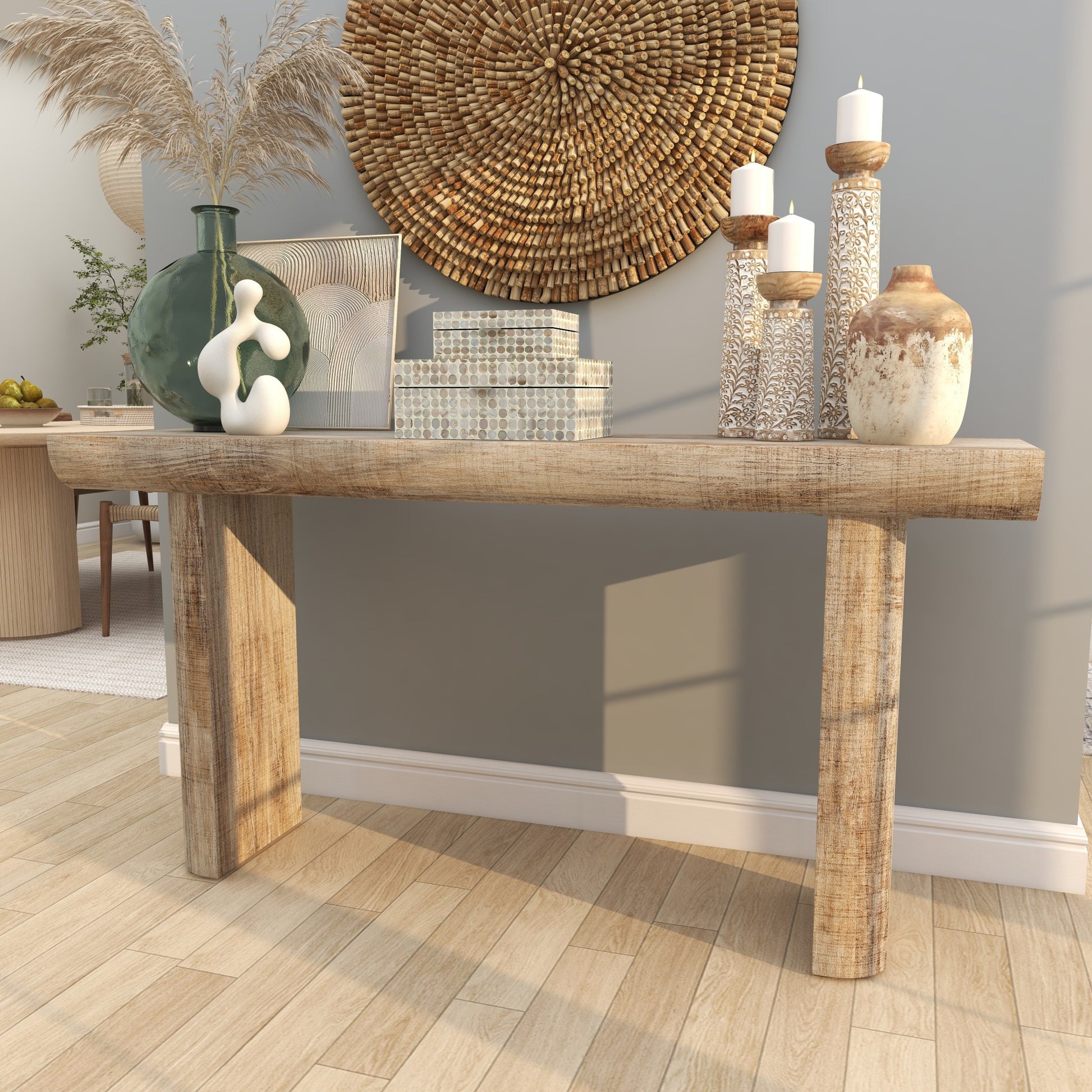 Beige Wood Living Room Console Table with Block Legs