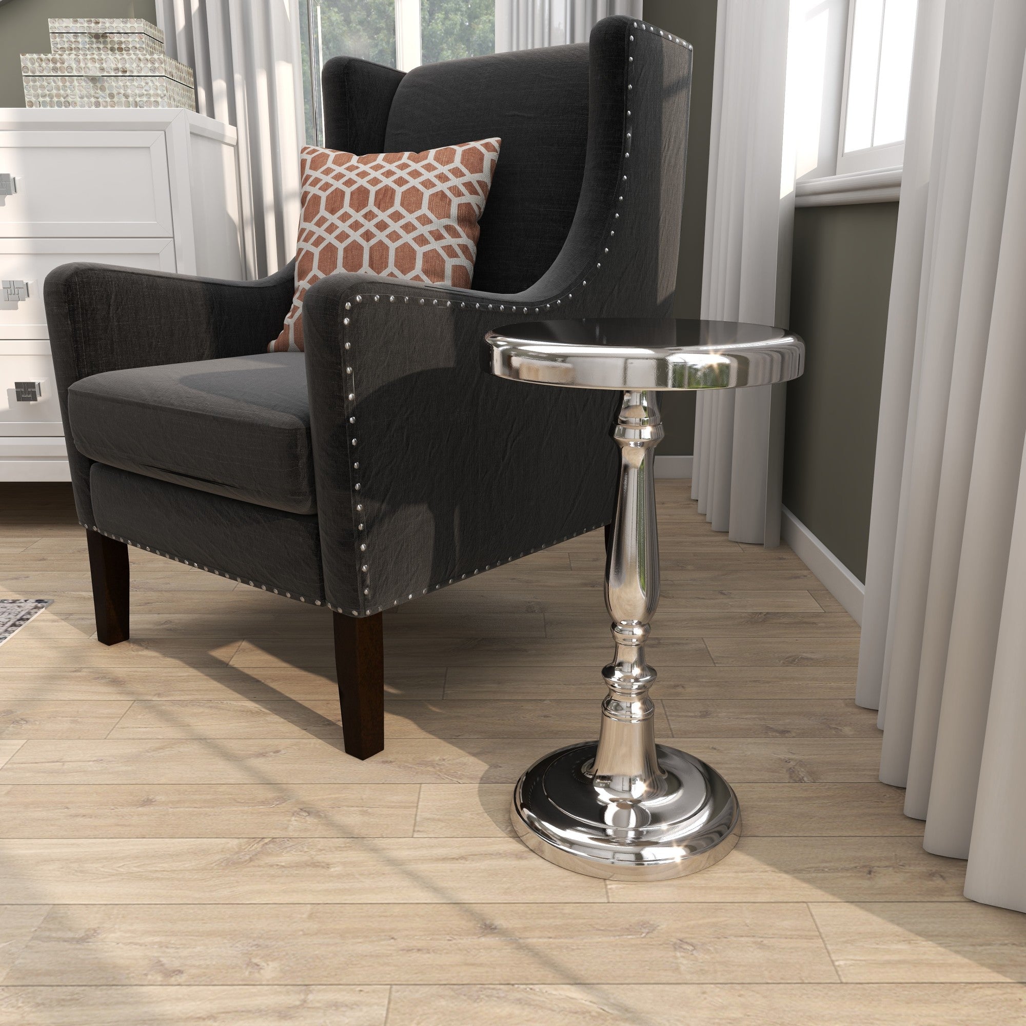 Silver Aluminum Metal Small Turned Pedestal Side End Accent Table