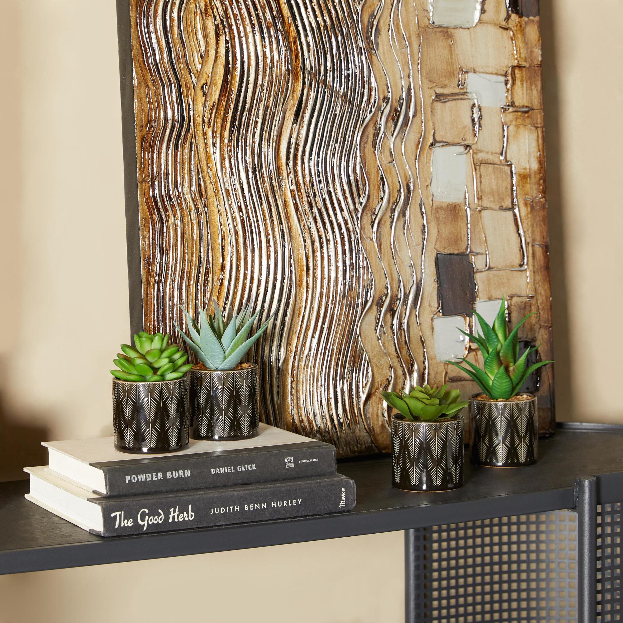 Set of 4 Succulent Green Faux Foliage Indoor Outdoor Artificial Plant with Realistic Leaves and Patterned Pot