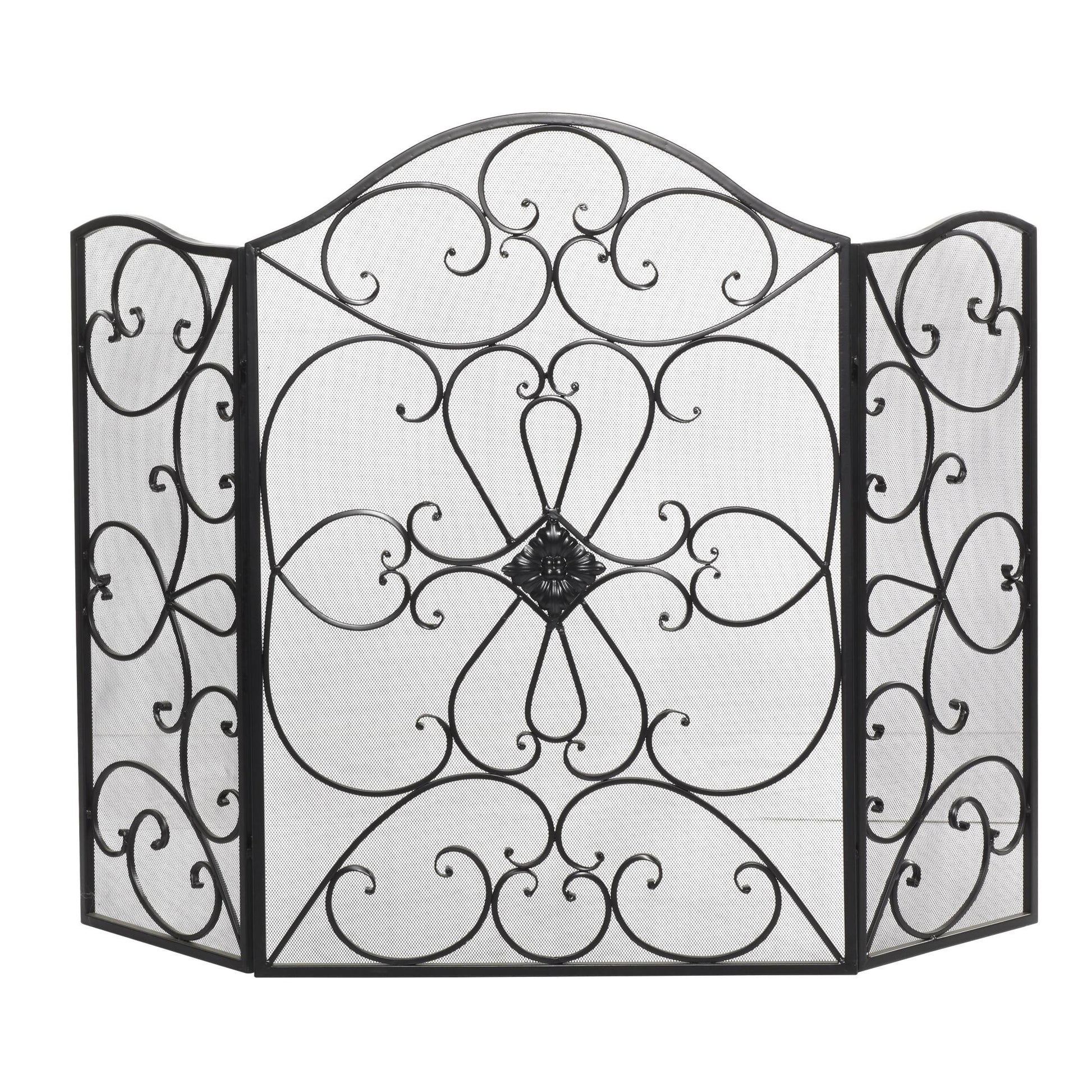 Scroll Black Metal Foldable 3 Panel Living Room Fireplace Screen with Mesh Netting