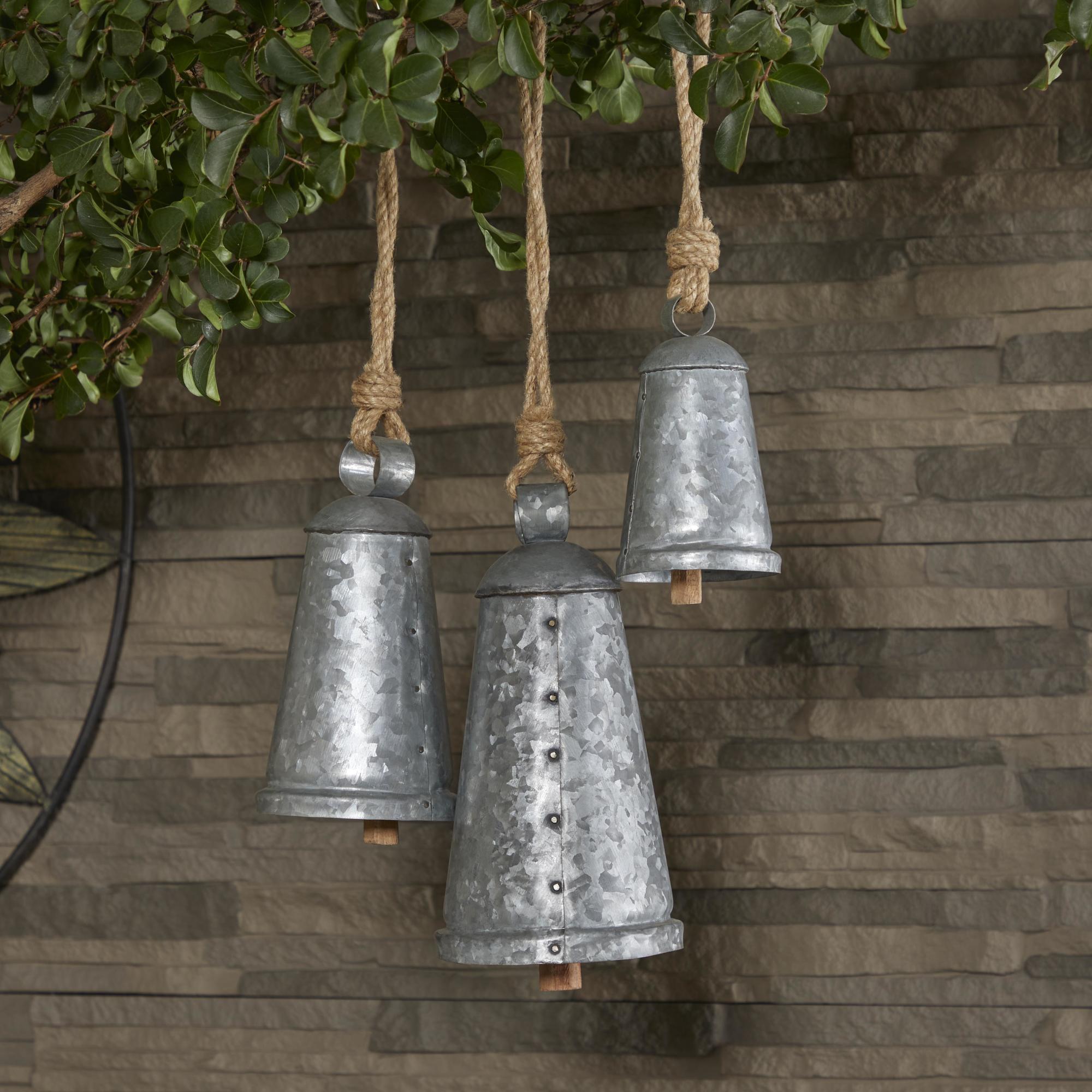 Set of 3 Metal Tibetan Inspired Indoor Outdoor Decorative Cow Bells with Jute Hanging Rope Set of 3 12",9",6"H