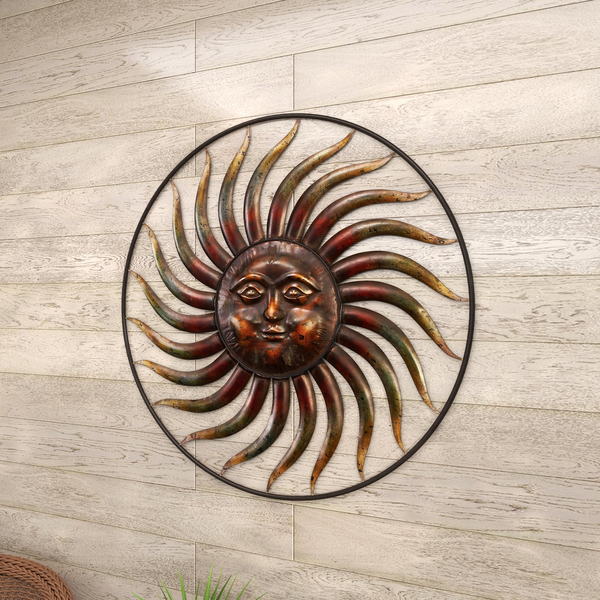 Sun Copper Metal Indoor Outdoor Weathered Home Wall Decor with Green Accents
