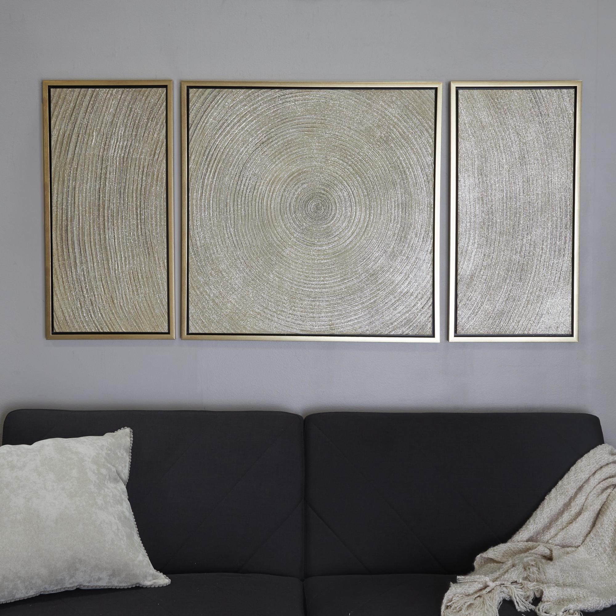 Set of 3 Starburst Gold Canvas Ripple Living Room Framed Wall Art with Gold Frame