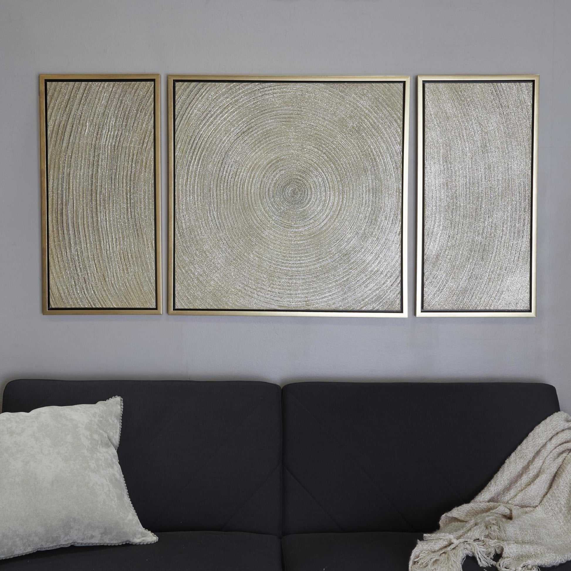 Set of 3 Starburst Gold Canvas Ripple Living Room Framed Wall Art with Gold Frame