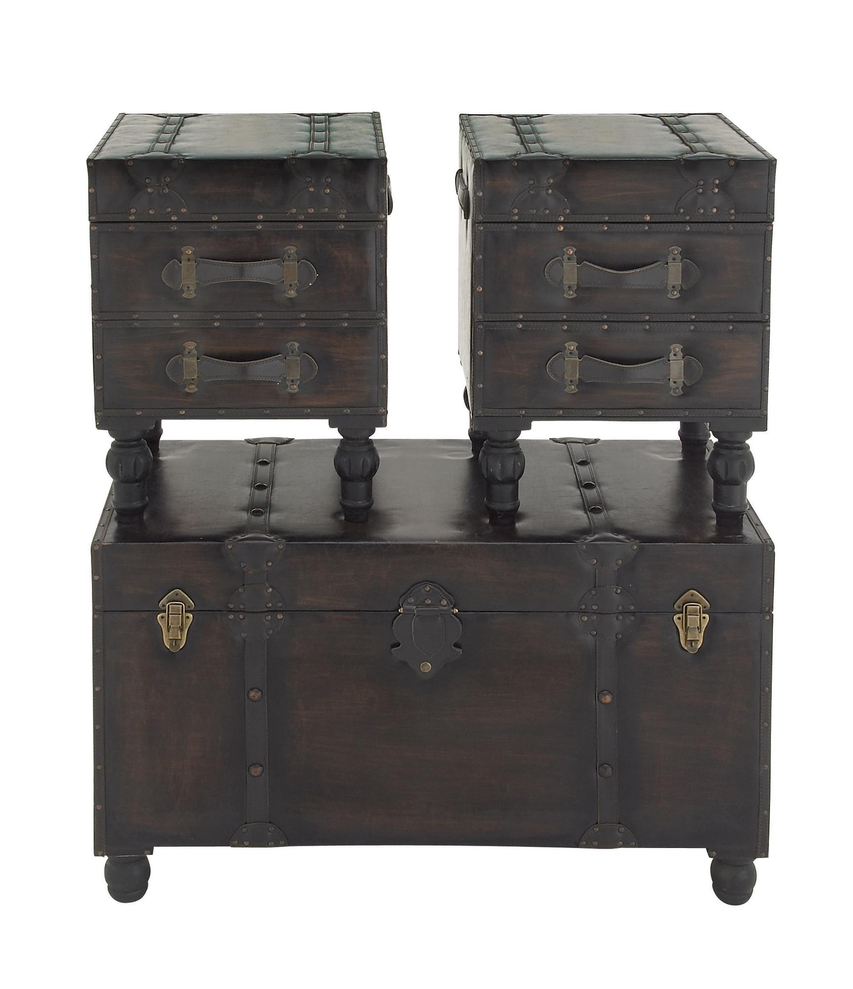 Set of 3 Brown Faux Leather Vintage 4 Drawer Room Storage Bench with Strap Handles and Turned Legs