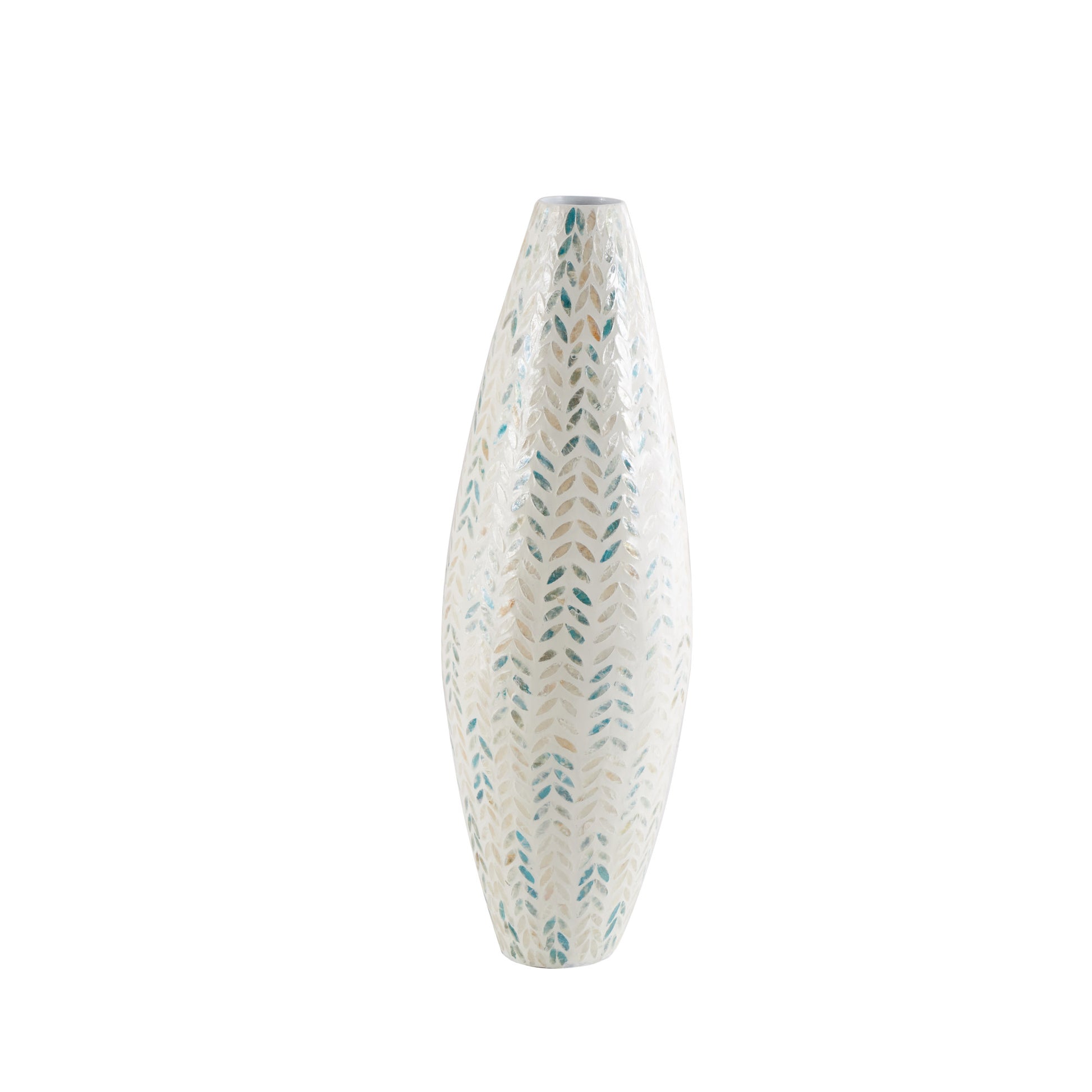 Leaf Cream Mother of Pearl Shell Handmade Tall Mosaic Decorative Vase with Blue Accents