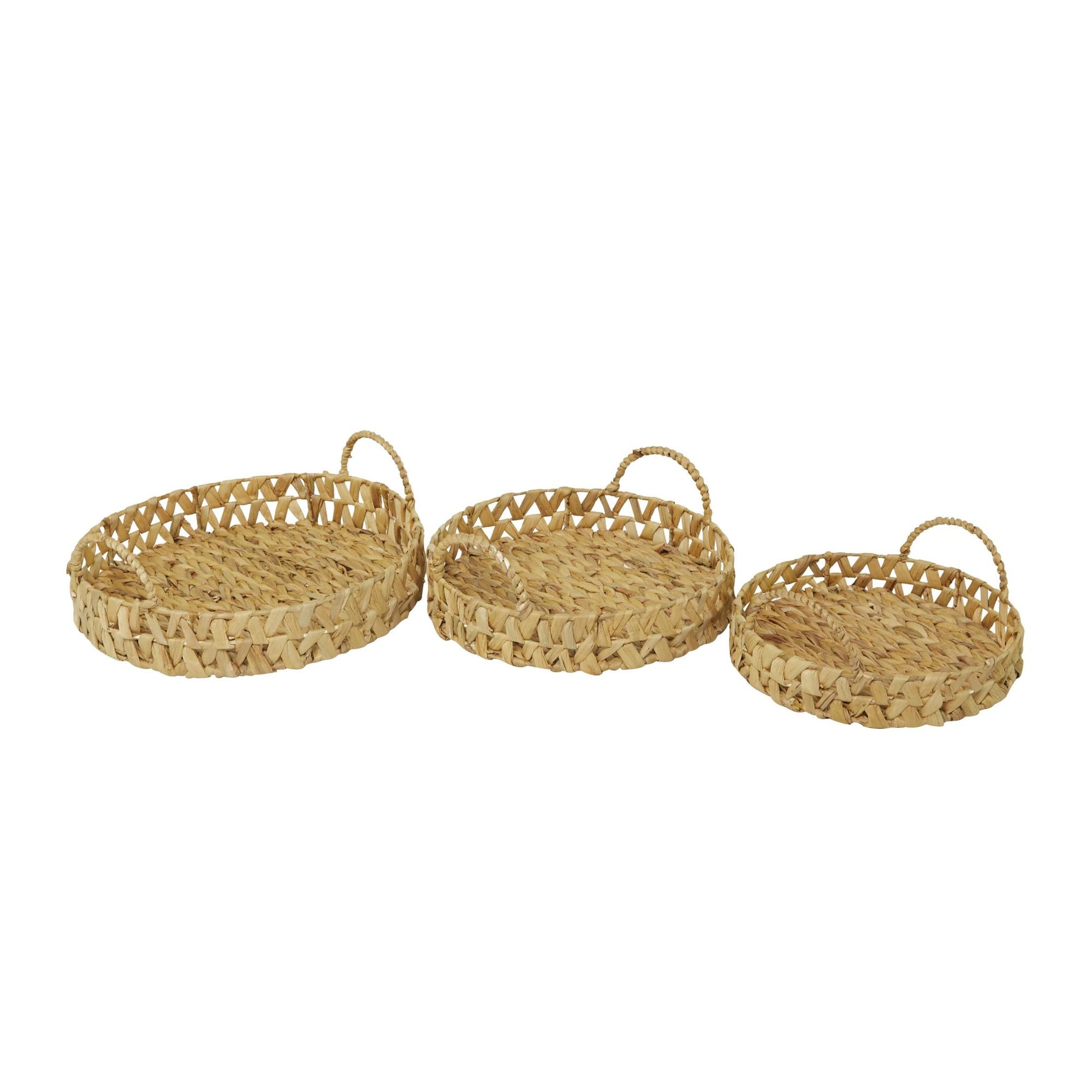 Set of 3 Brown Seagrass Handmade Woven Living Room Decor Tray with Handles
