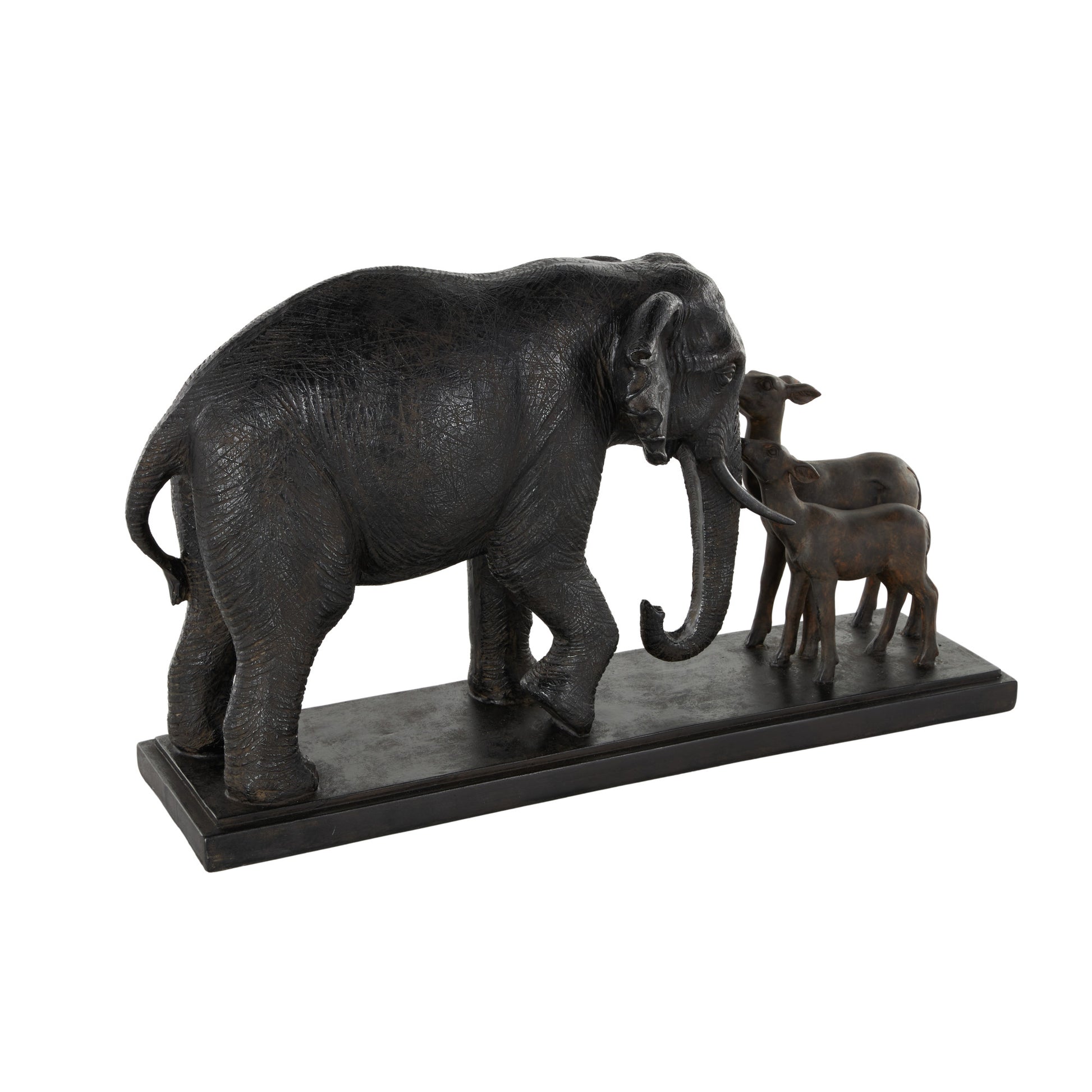Elephant Black Resin Walking Decorative Sculpture with Dark Brown Deer
