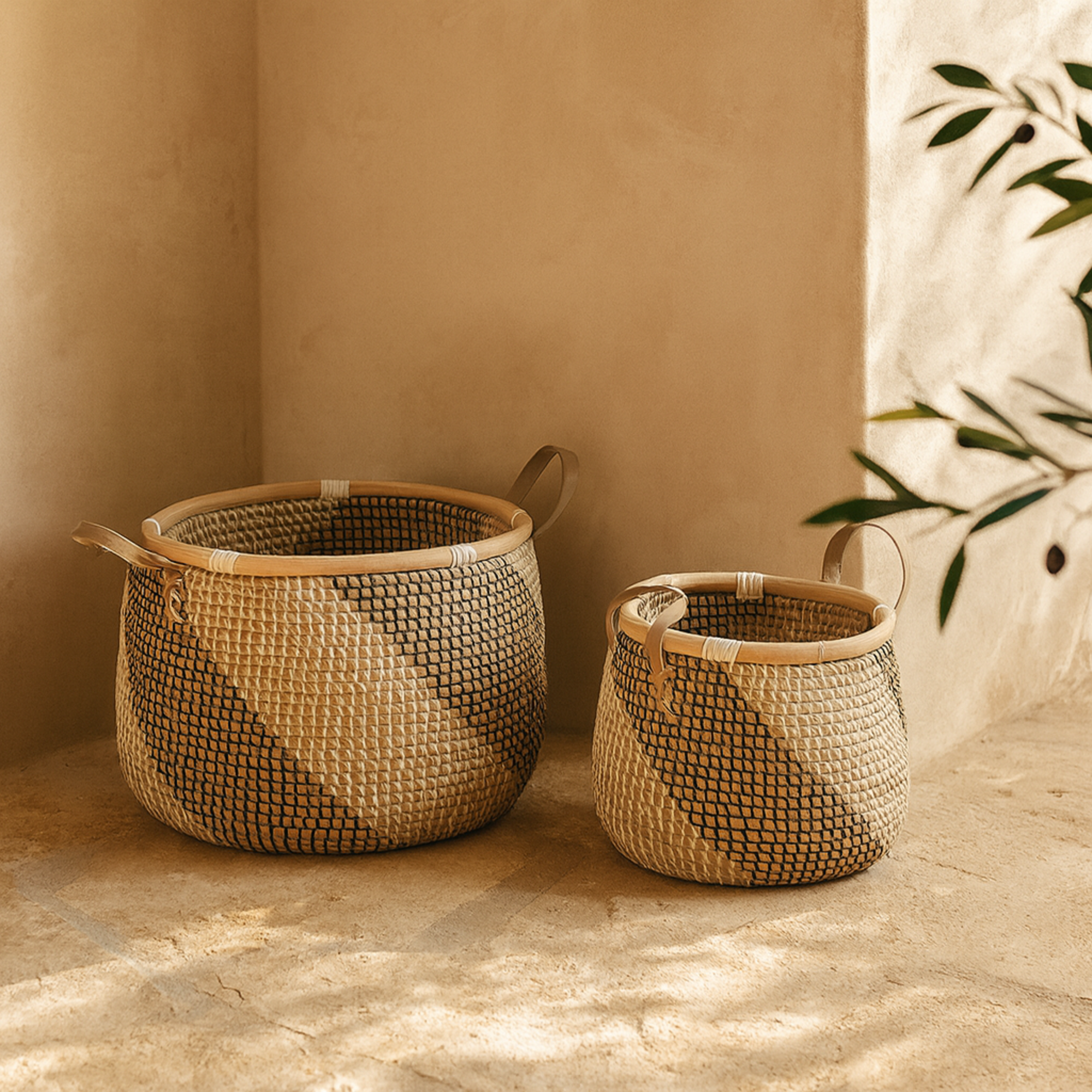Set of 2 Brown Seagrass Handmade Diagonal Striped Decorative and Functional Storage Basket with Leather Handles